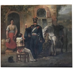 Antique French Oil Painting raffigurante soldati che bevono e un cavallo bianco che mangia