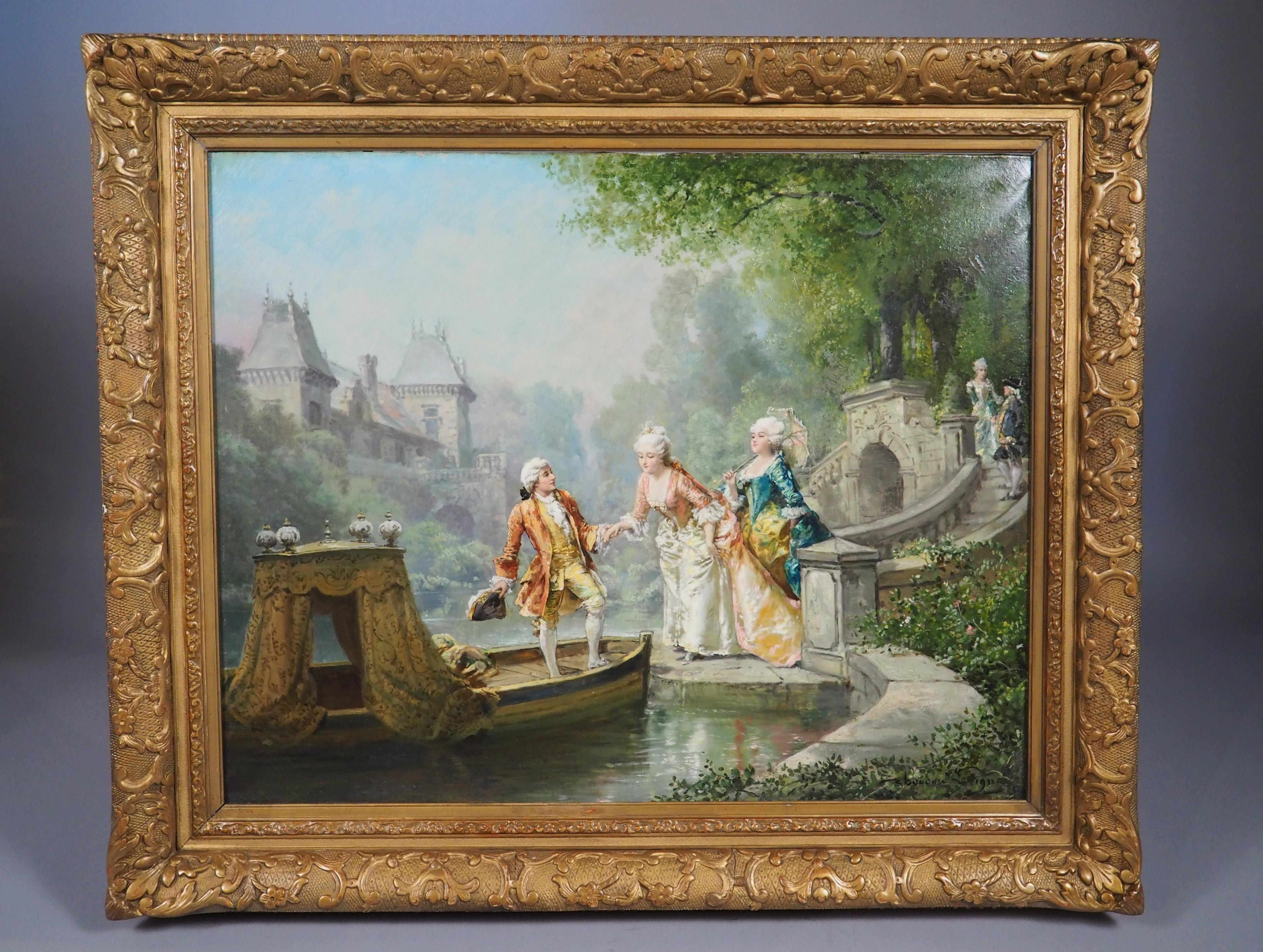 Antique French Ölgemälde, "L
embarquement" von Théodore Levigne 1848-1912