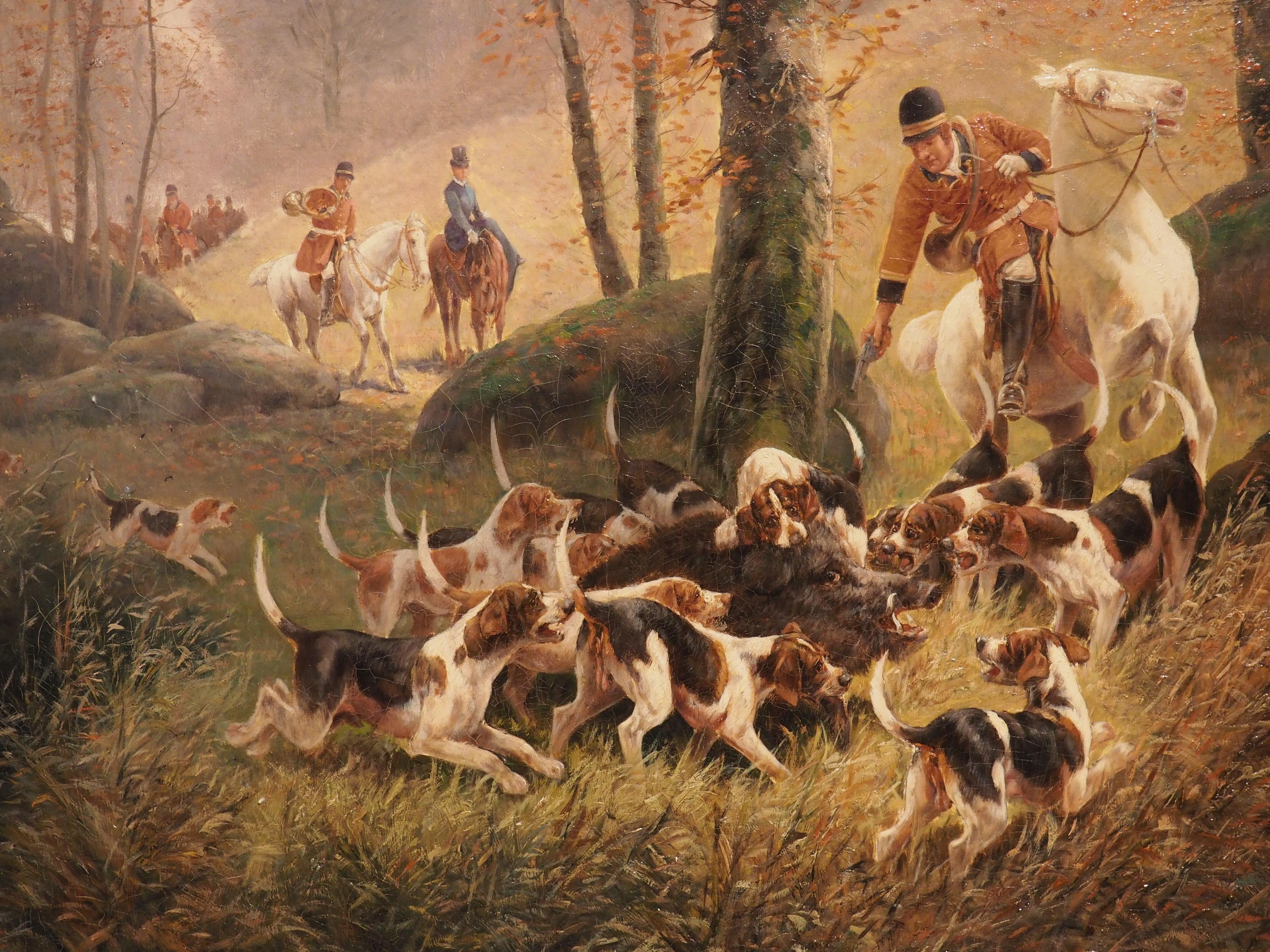 Antique French Oil Painting of a Boar Hunt, Signed E. Petit (1839-1886) 7