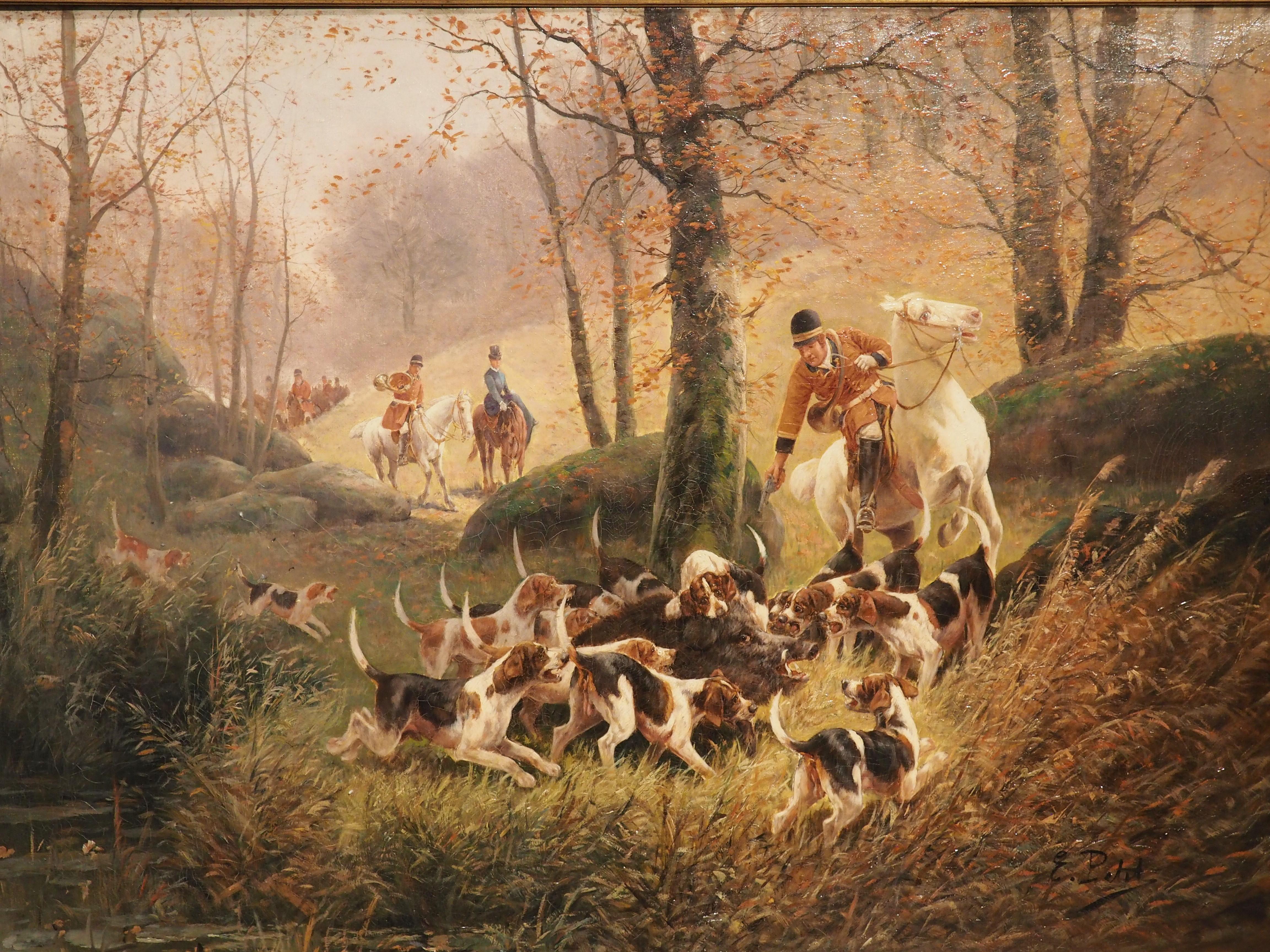 19th Century Antique French Oil Painting of a Boar Hunt, Signed E. Petit (1839-1886)