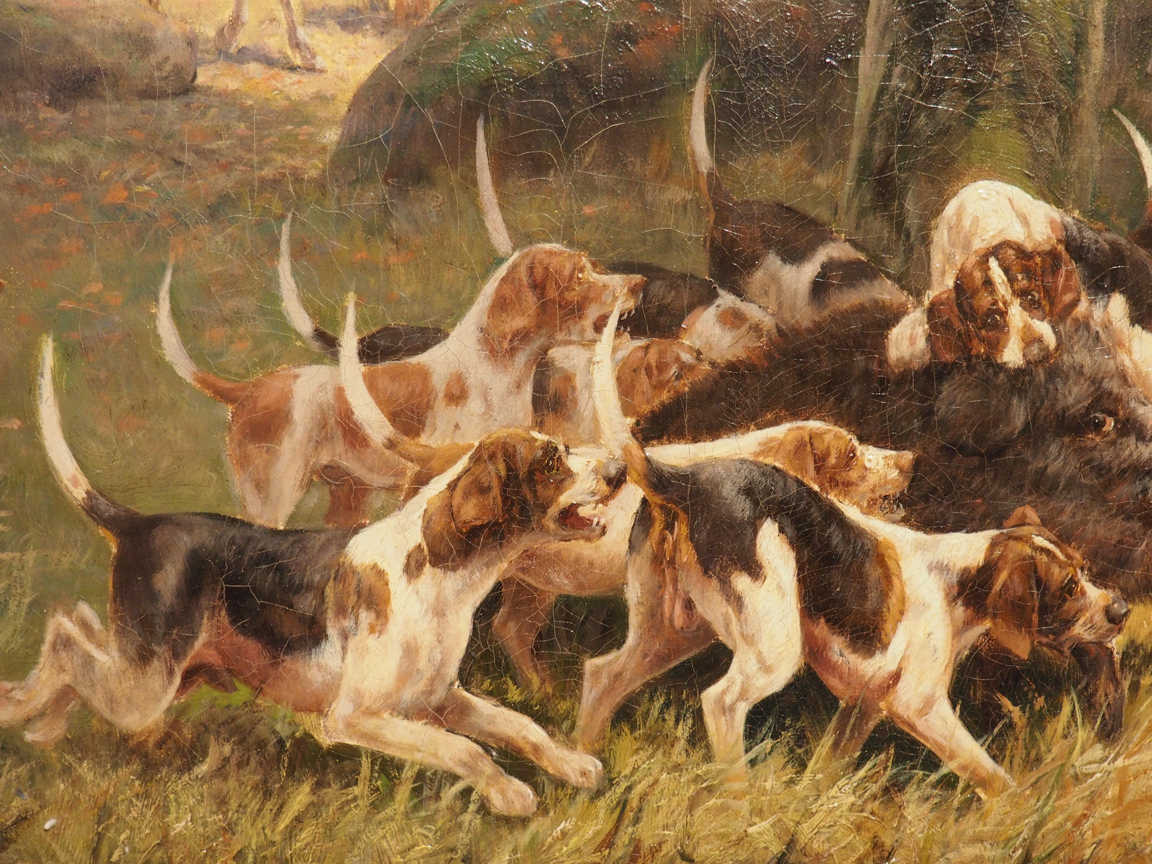 Antique French Oil Painting of a Boar Hunt, Signed E. Petit (1839-1886) 1