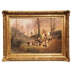 Peinture à l'huile française ancienne d'une chasse à la charrue, signée E. Petit (1839-1886)