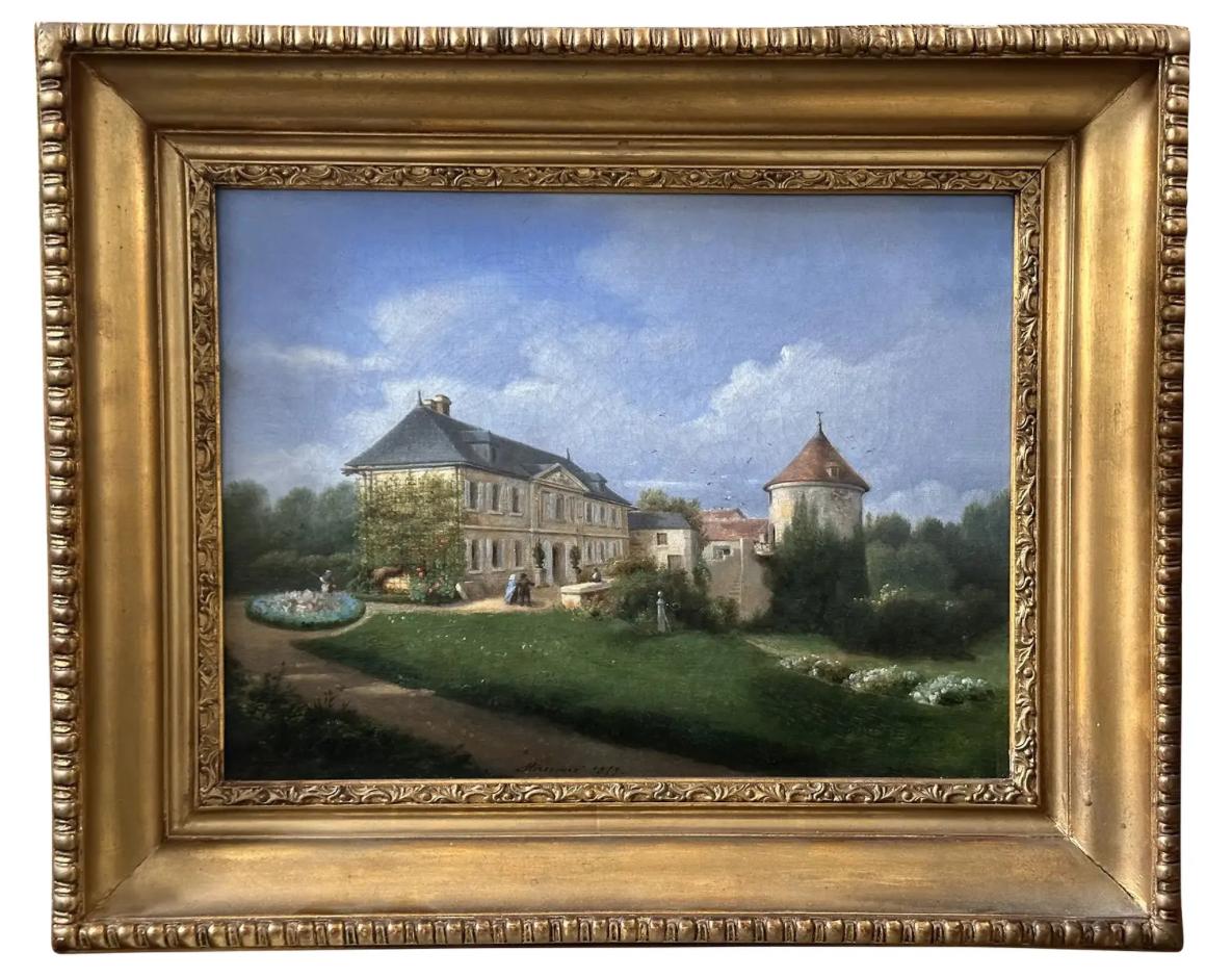 Antique French Pintura al Óleo de un Paisaje de un Castillo Chateau Biedermeier en venta