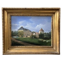 Antique French Pintura al Óleo de un Paisaje de un Castillo Chateau