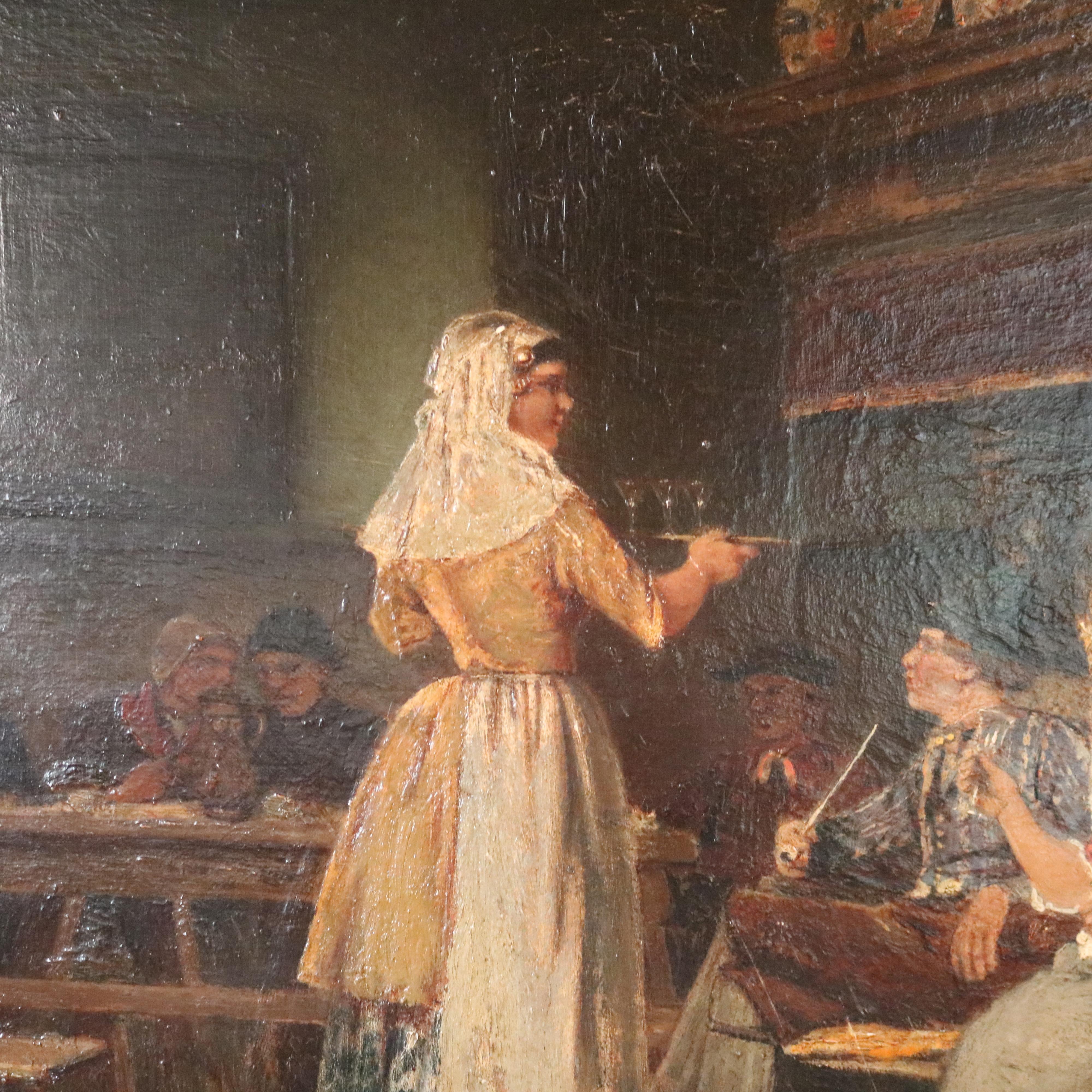 An antique French painting by Joan Berg offers oil on canvas genre scene with figures in tavern, signed lower right, seated in giltwood frame, 19th century

Measures - 27