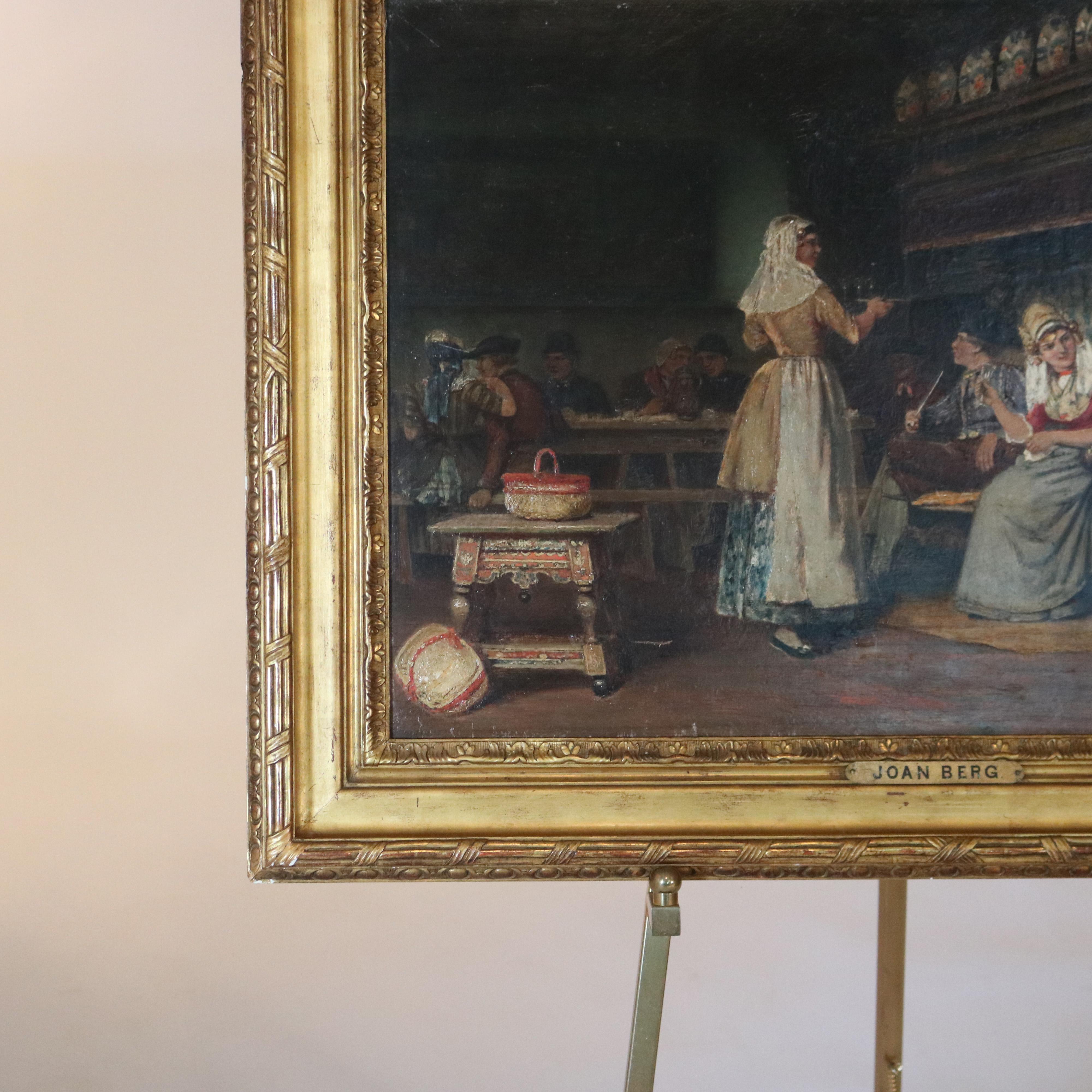 19th Century Antique French Oil Painting of a Genre Tavern Scene Signed Joan Berg 19th C For Sale