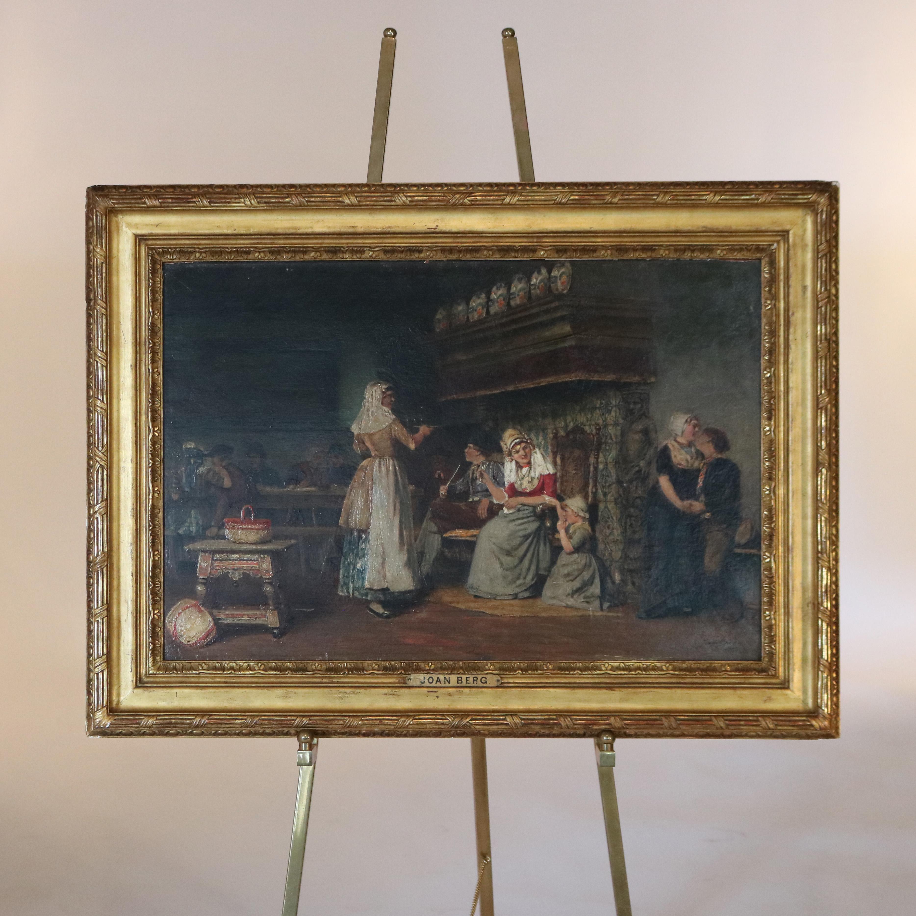 Antikes französisches Ölgemälde einer Genre-Tavernenszene, signiert Joan Berg, 19. Jahrhundert im Angebot 1