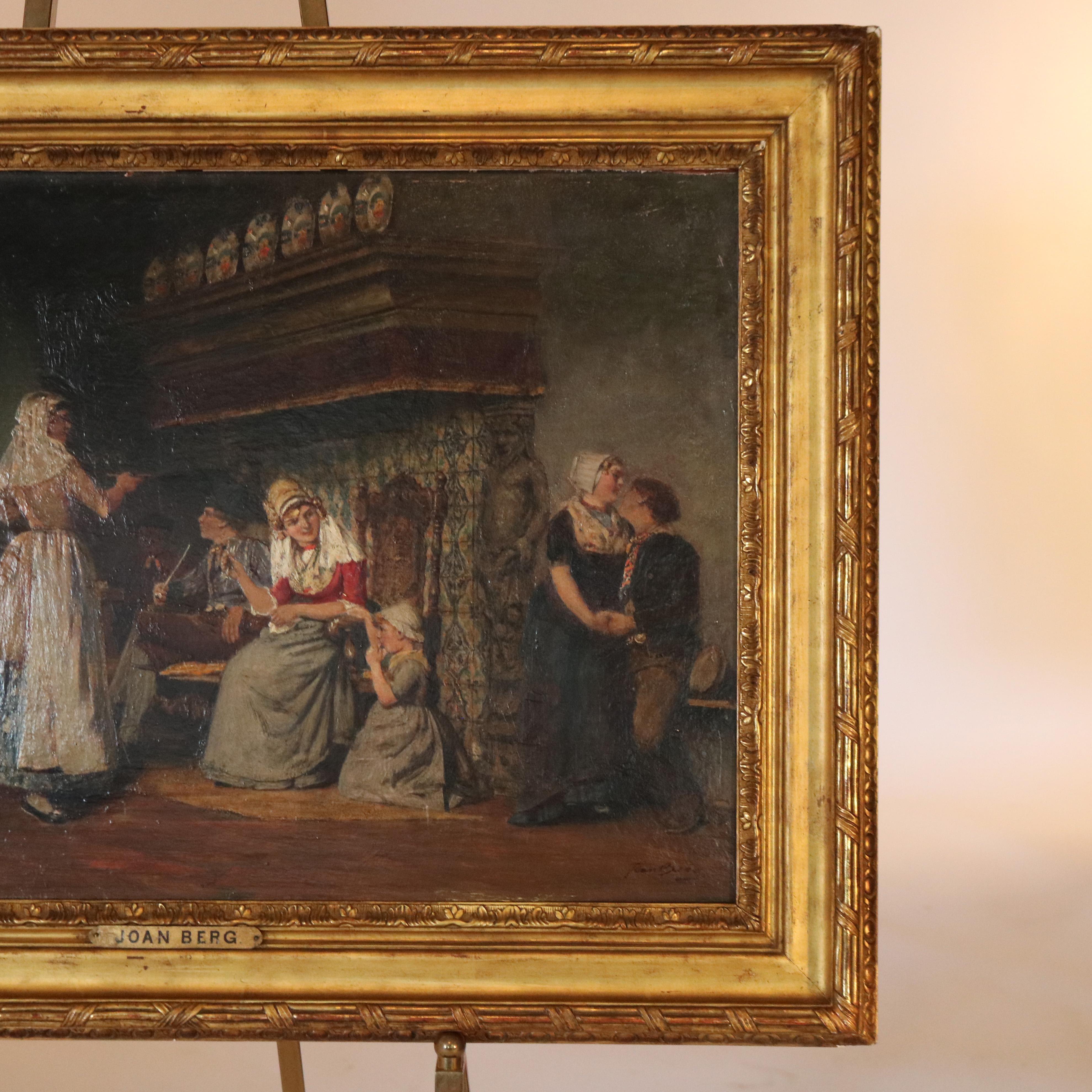 Antique French Oil Painting of a Genre Tavern Scene Signed Joan Berg 19th C For Sale 3