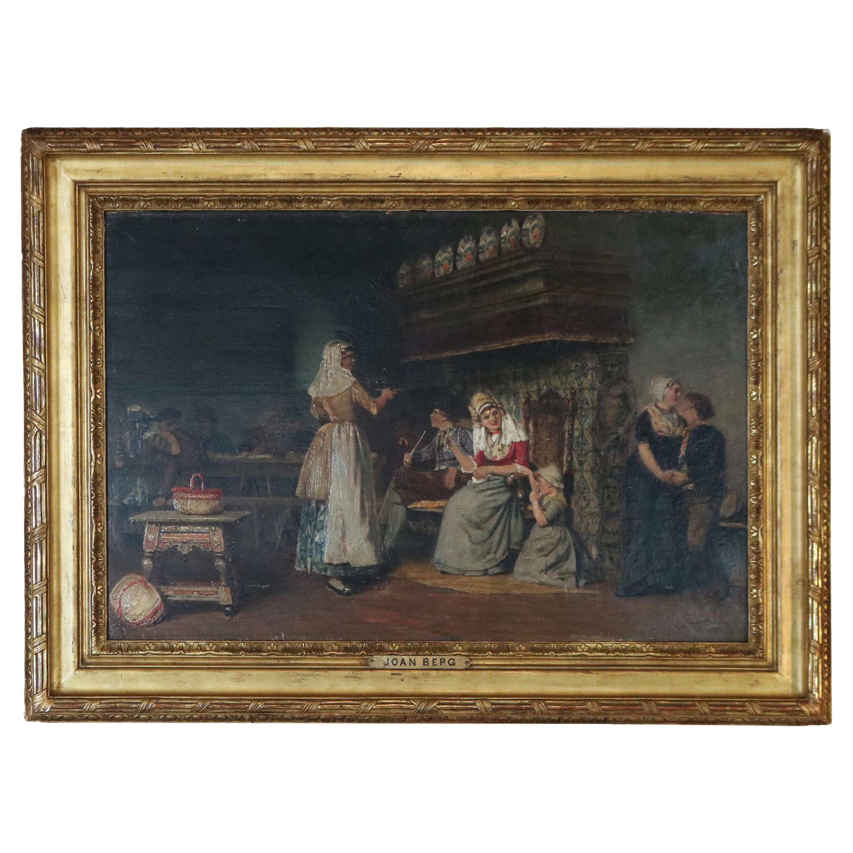 Peinture à l'huile française ancienne d'une scène de taverne de genre signée Joan Berg, 19ème siècle