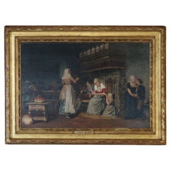 Peinture à l'huile française ancienne d'une scène de taverne de genre signée Joan Berg, 19ème siècle