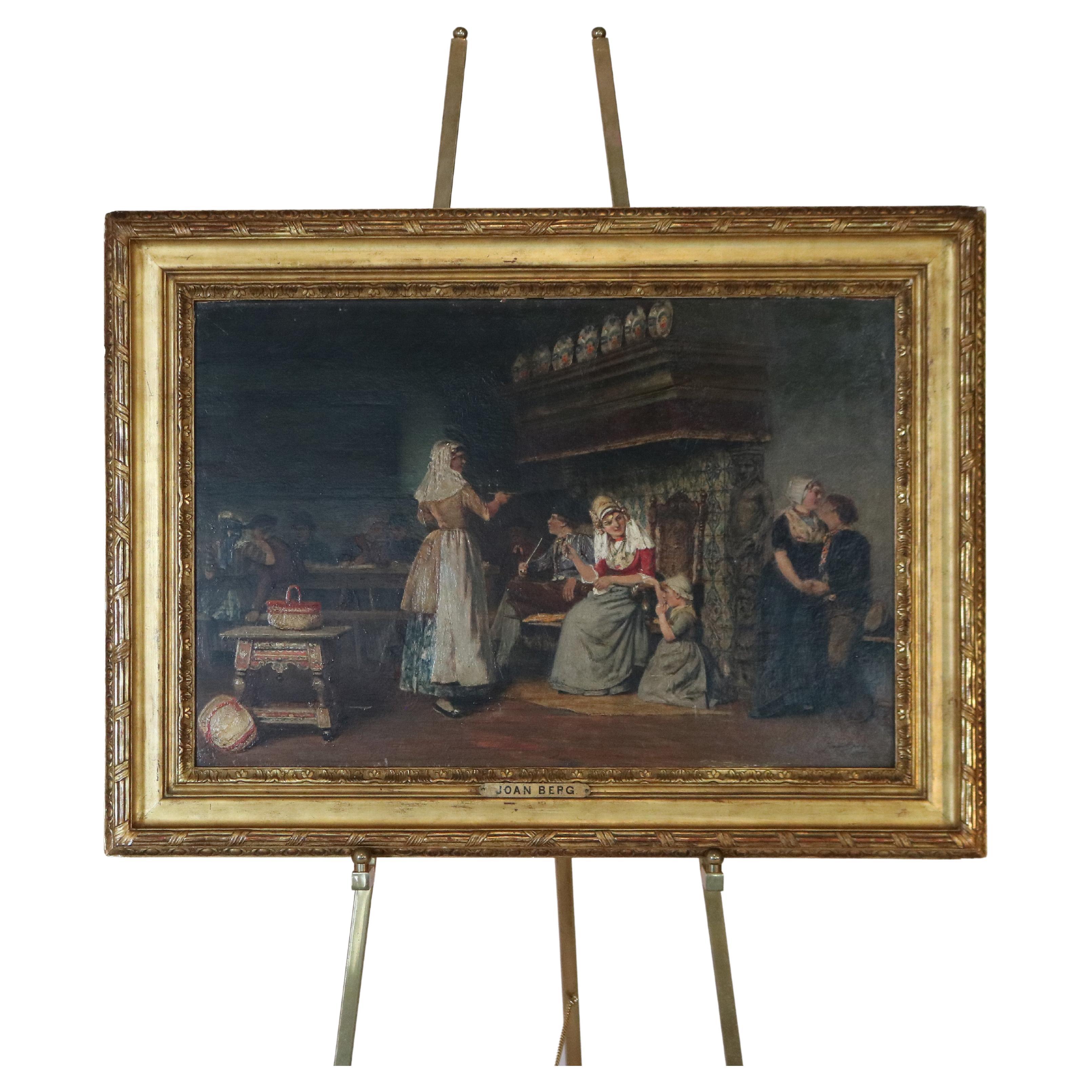 Peinture à l'huile française ancienne d'une scène de taverne de genre signée Joan Berg, 19ème siècle