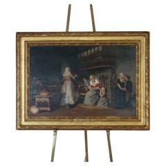 Antique French Oil Painting of a Genre Tavern Scene Signed Joan Berg 19th C