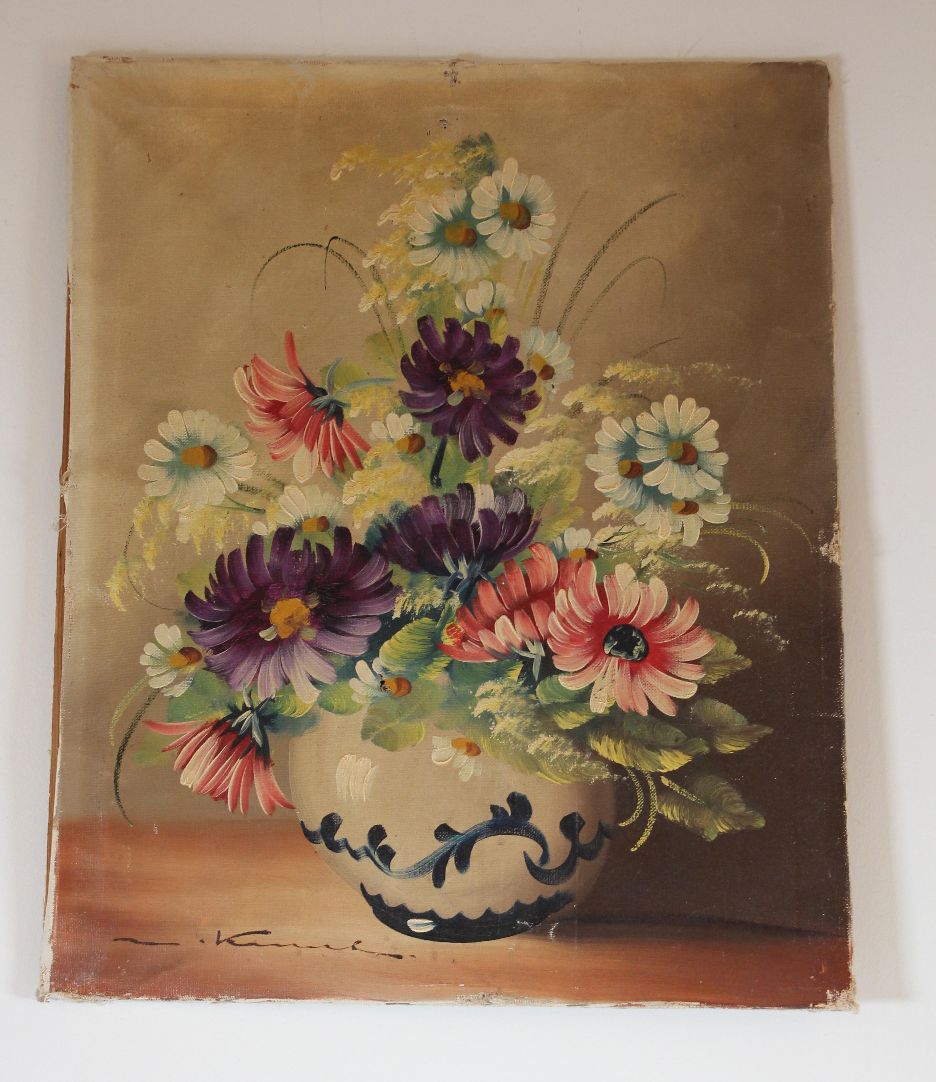 Antikes französisches Ölgemälde von Blumen in einer Vase im Angebot 6
