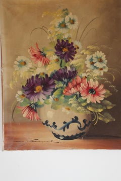 Mid-20th Century French Hand-Painted Oil on Canvas Flowers in a Vase