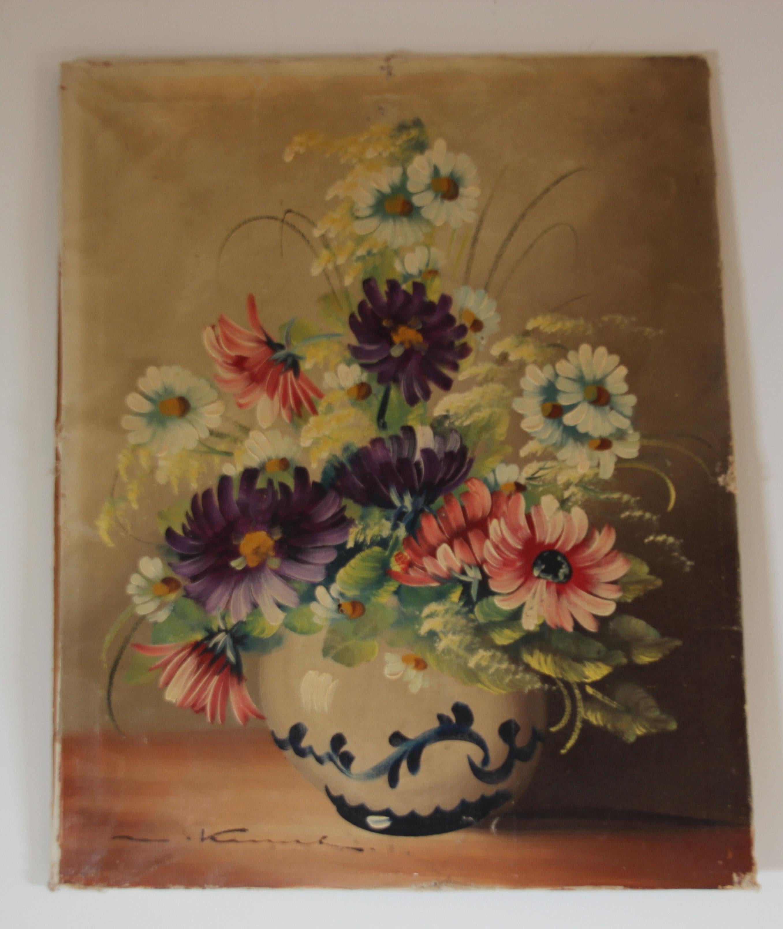 Antikes französisches Ölgemälde von Blumen in einer Vase (Französisch) im Angebot