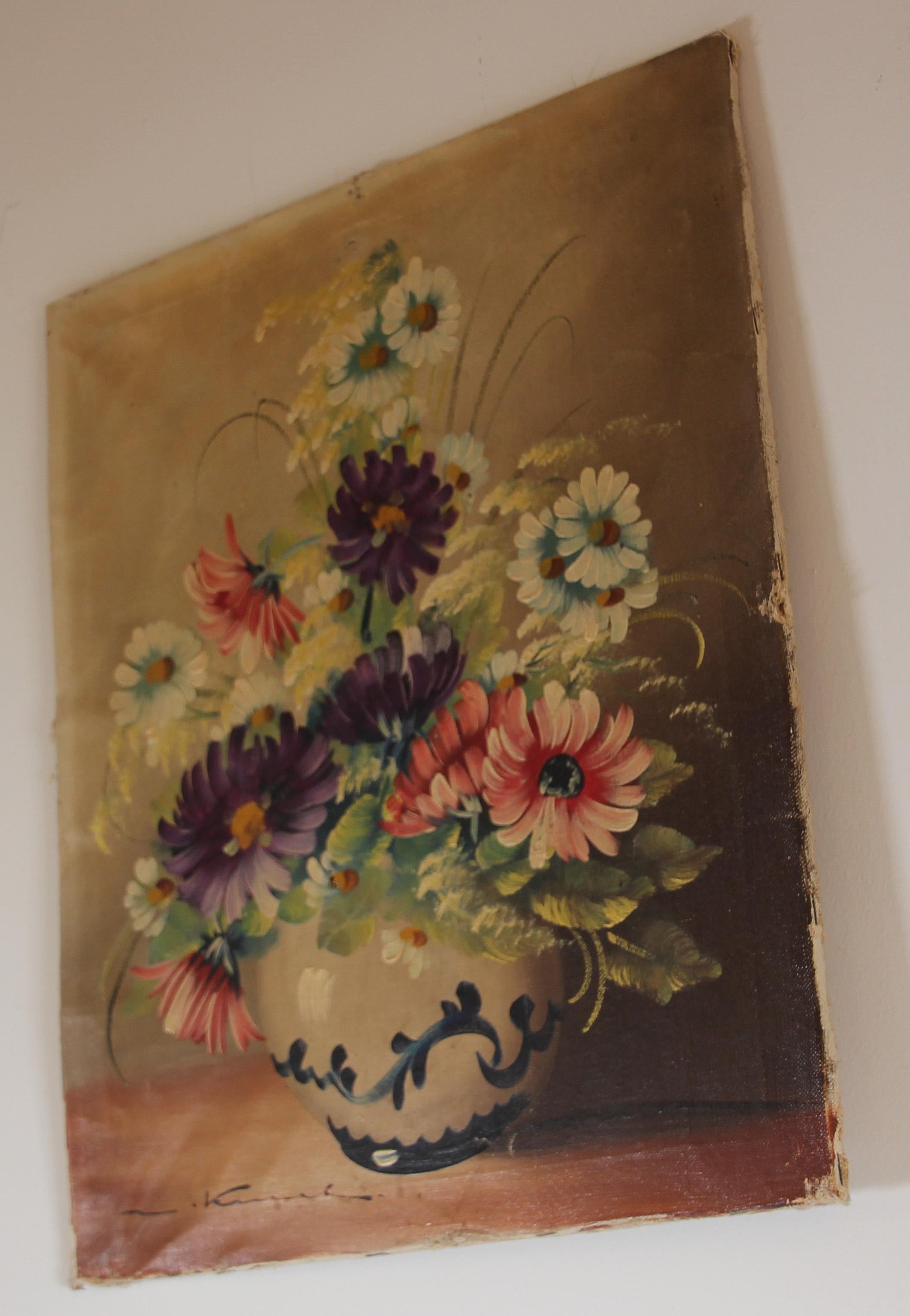 Antikes französisches Ölgemälde von Blumen in einer Vase (Handbemalt) im Angebot