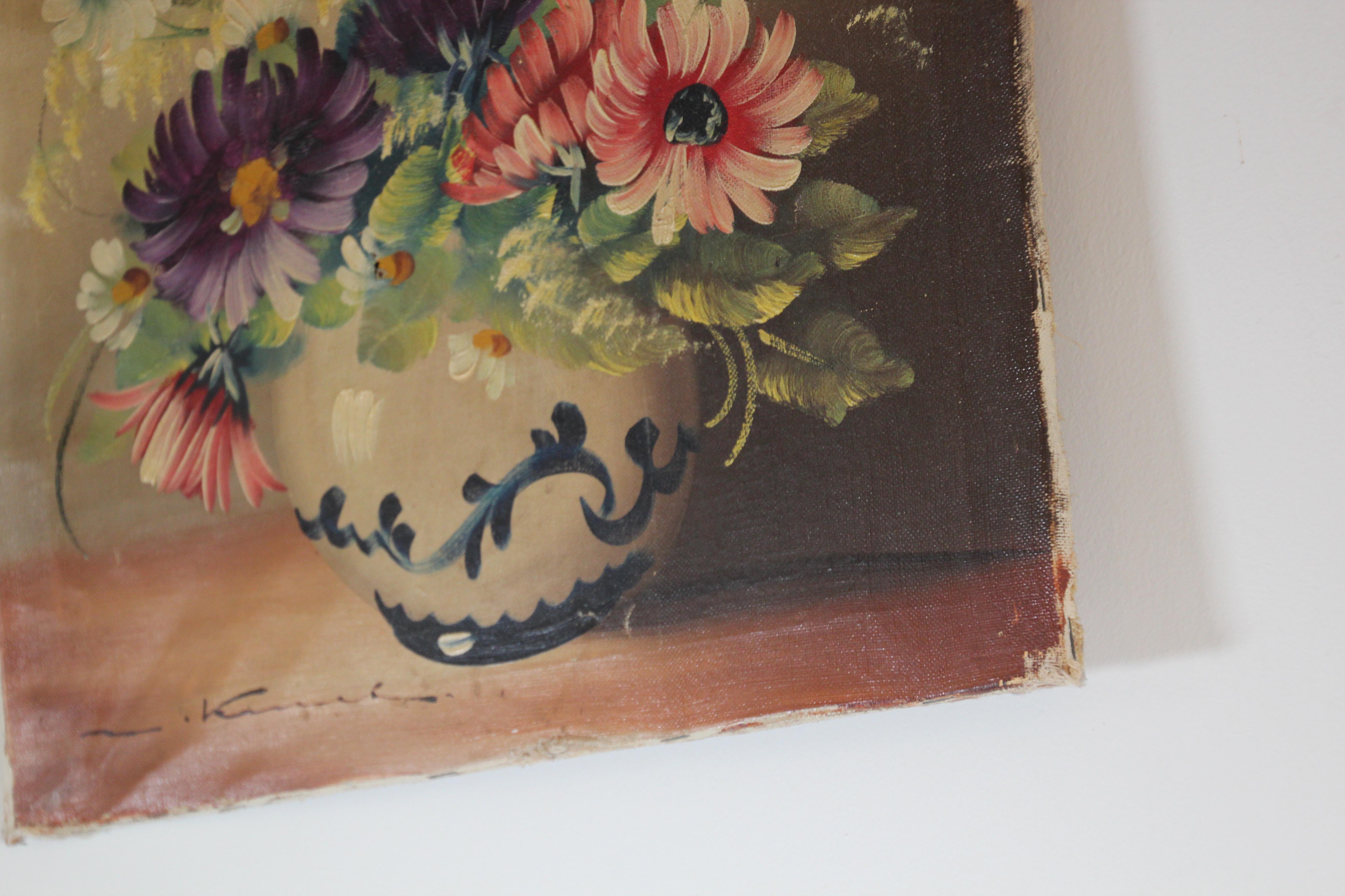 Arts and Crafts Antique French Oil Painting of Flowers in a Vase For Sale