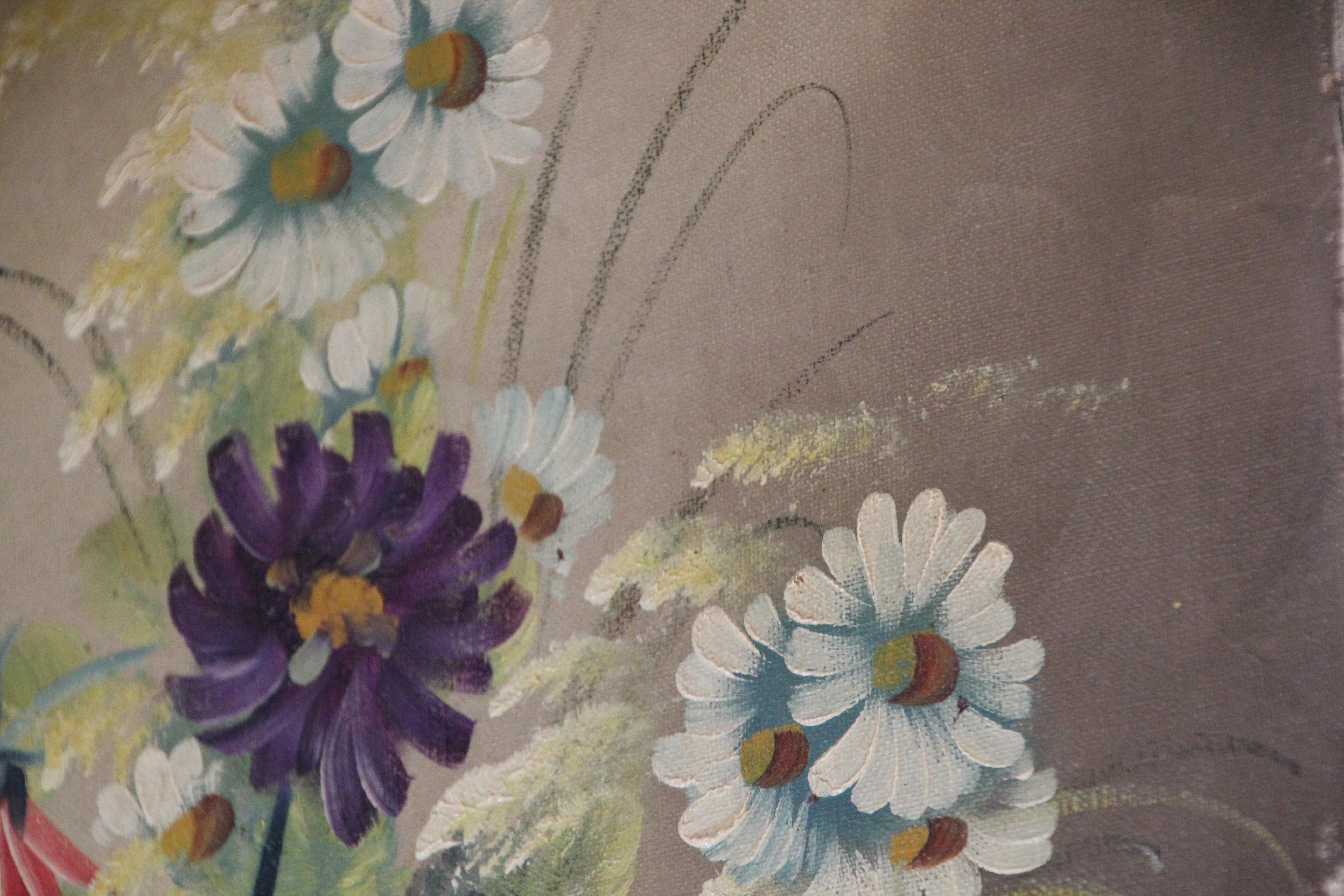 Antique French Oil Painting of Flowers in a Vase In Fair Condition For Sale In North Hollywood, CA