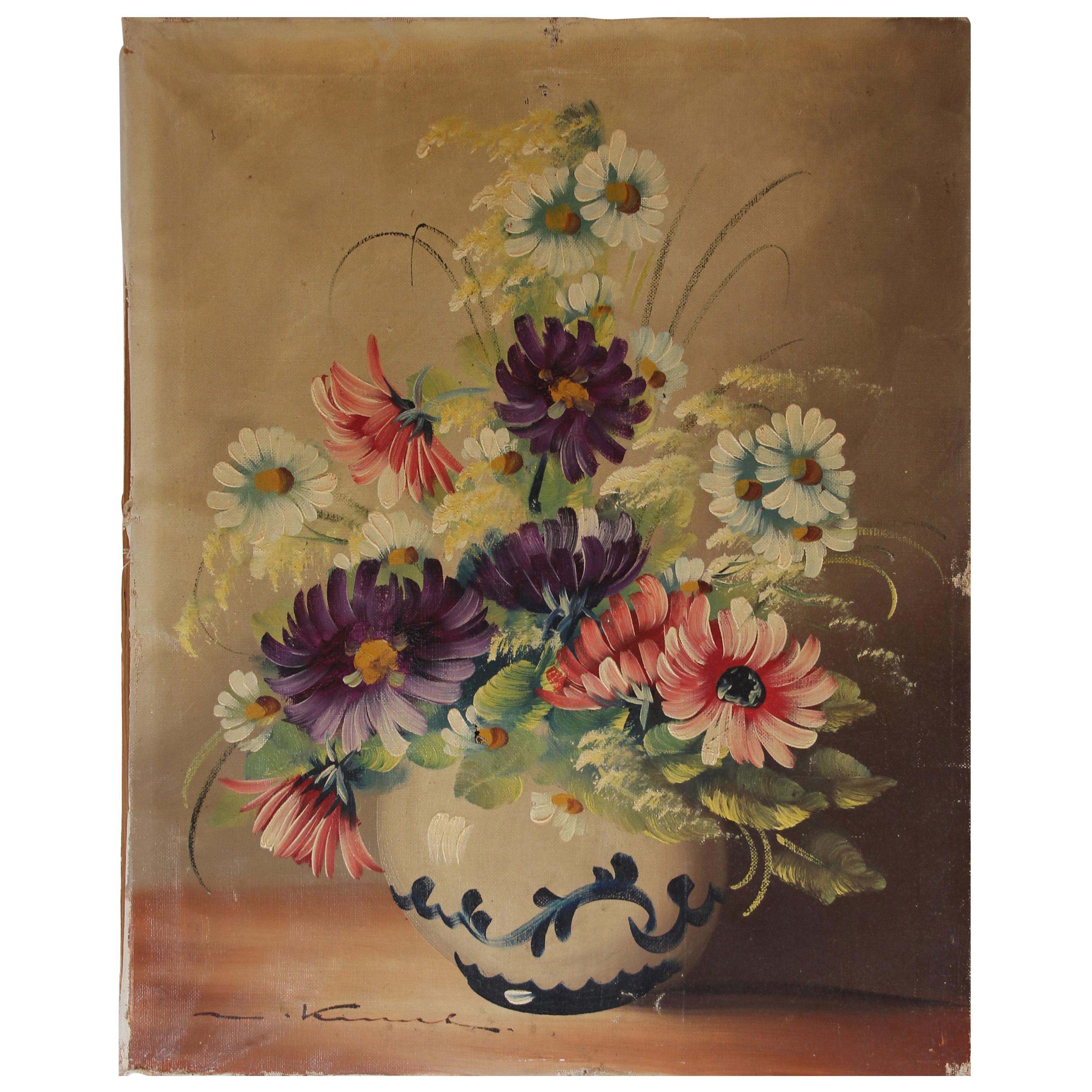 Ancienne peinture à l'huile française à l'huile représentant des fleurs dans un vase