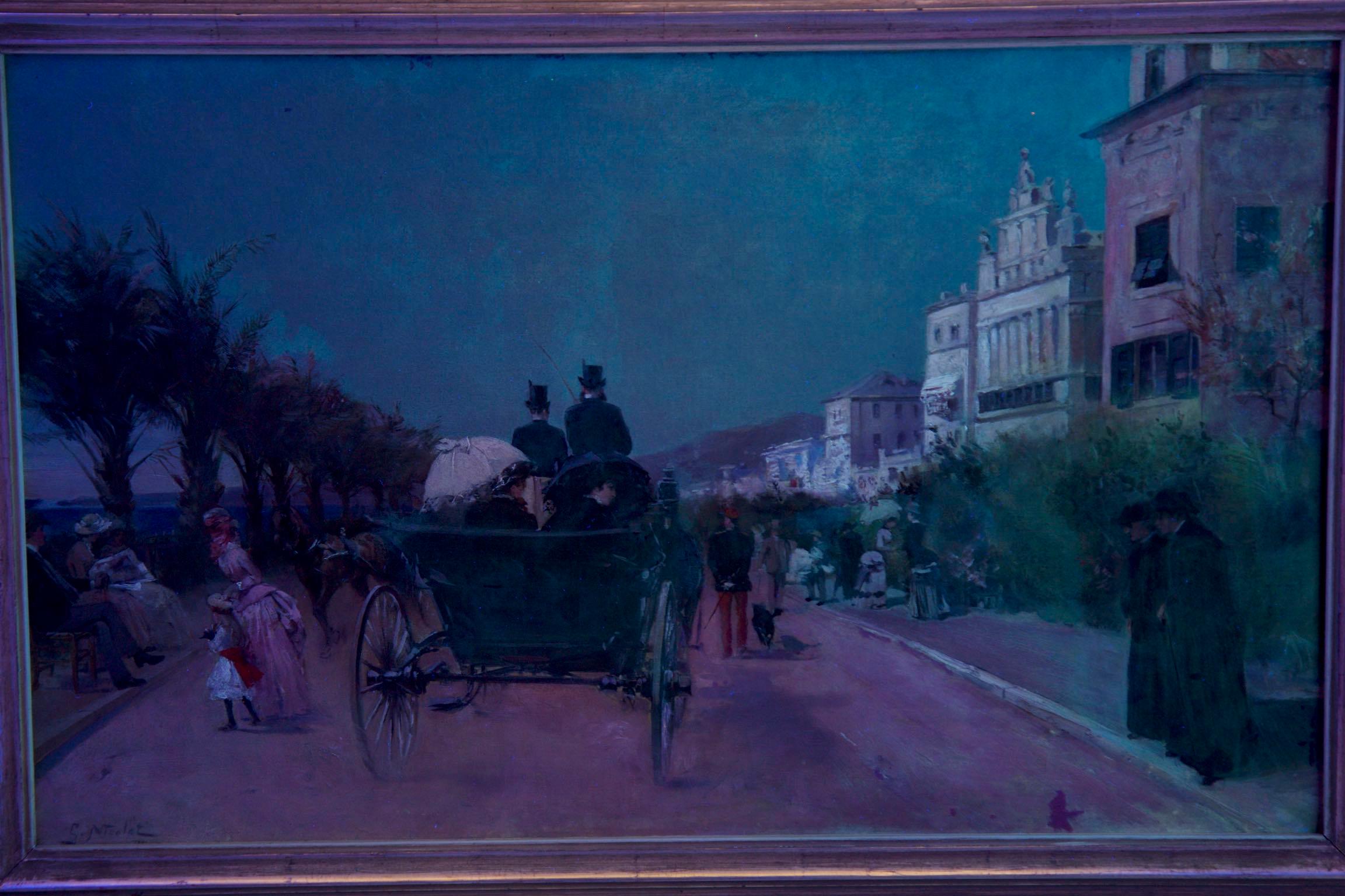 A complex scene full of vivid color and life, Gabriel Nicolet depicts a busy seaside street in Nice during the last quarter of the 19th century. The wealth of figures and faces along the dusty dirt street brings the scene to life, allowing us a