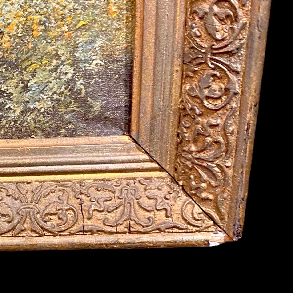 Peinture à l'huile française ancienne sur toile dans un cadre d'époque en gesso en vente 3