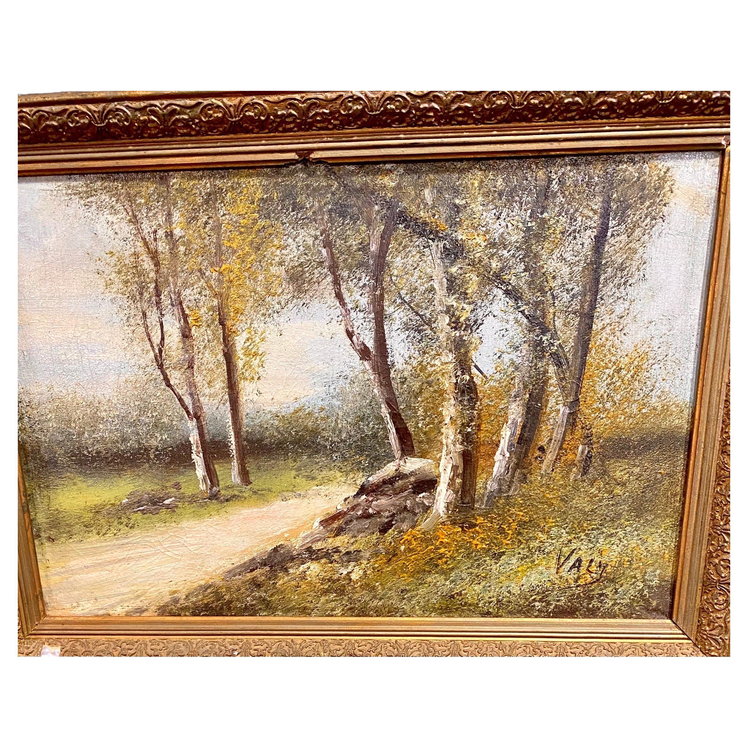 A charming antique French oil on canvas of an atmospheric landscape in a period gesso and wood frame, signed “Valey”. Lovely dappled sunlight though the leaves, very serene.

Canvas: 16” wide, 10.5” high.
