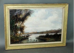 Antique French Oil Painting on Canvas Landscape on Water