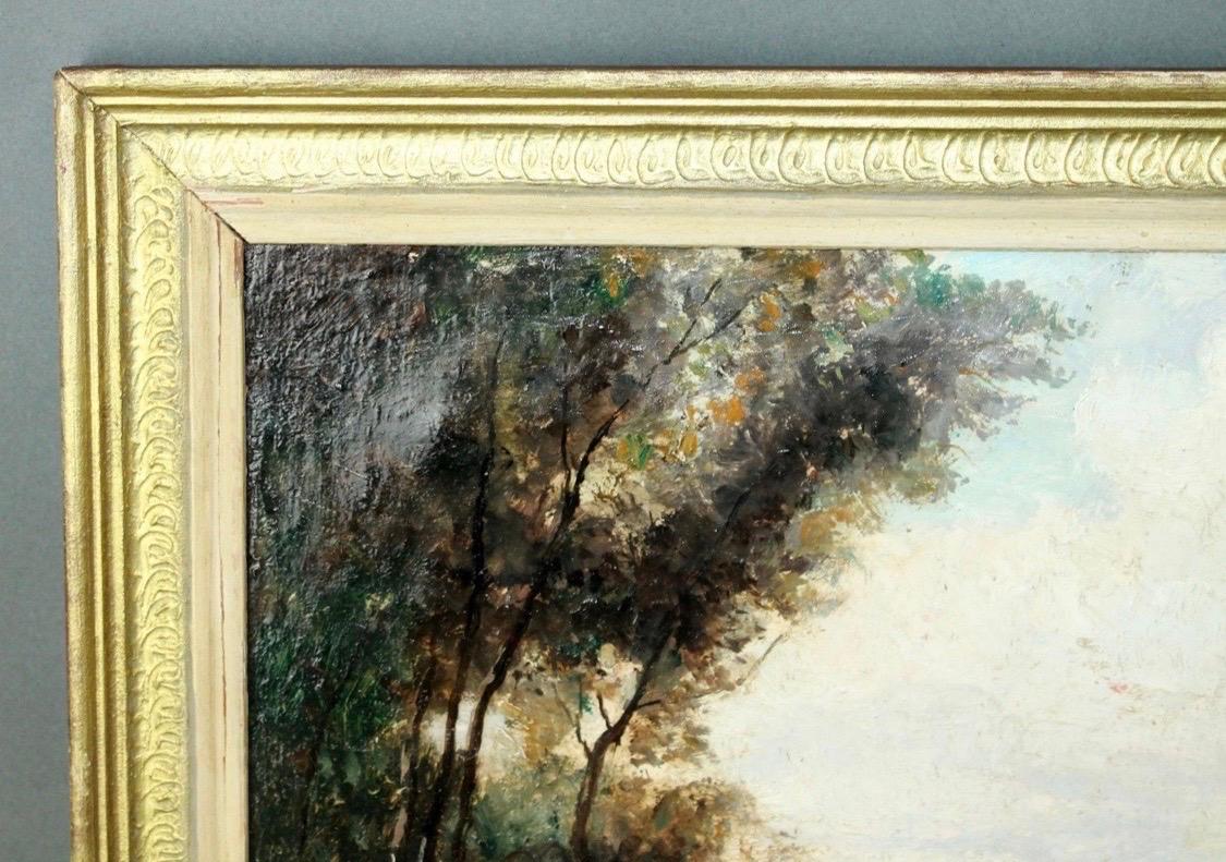 Primitivo Antique French Oil Painting on Canvas Paesaggio sull'acqua in vendita