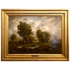 Antique French Oil Painting "Peasant Woman at Edge of the Pond, " by Leon Richet