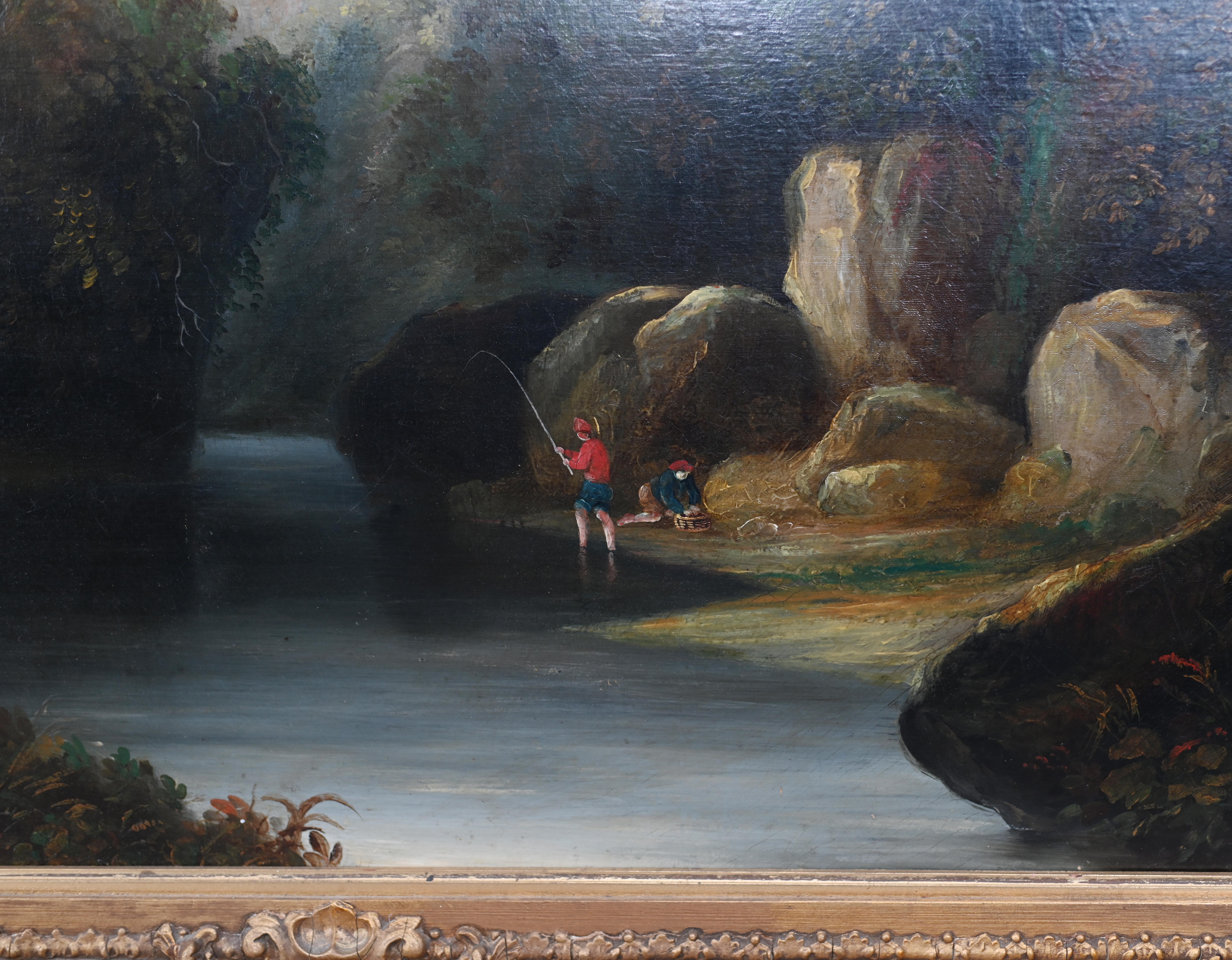 Sie sehen ein antikes französisches Ölgemälde mit einer reizvollen Flusslandschaft
CIRCA 1860
Im Vordergrund, in der Nähe des Flussufers, sind zwei kleine Figuren (möglicherweise Fischer oder Reisende) abgebildet, die der riesigen Fläche Größe