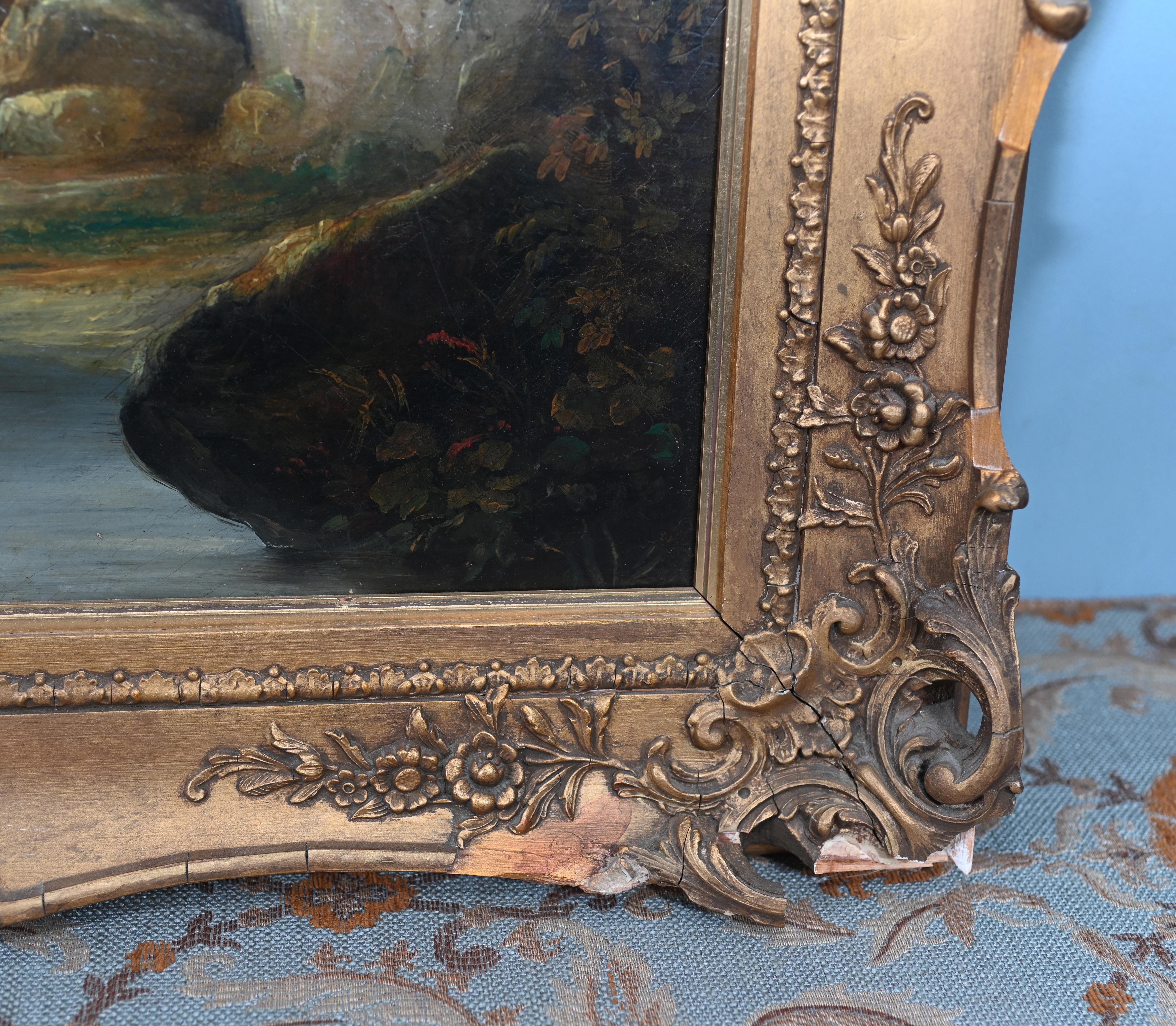 Antique French Ölgemälde River Scape Art Chateau 1860 (Französische Provence) im Angebot