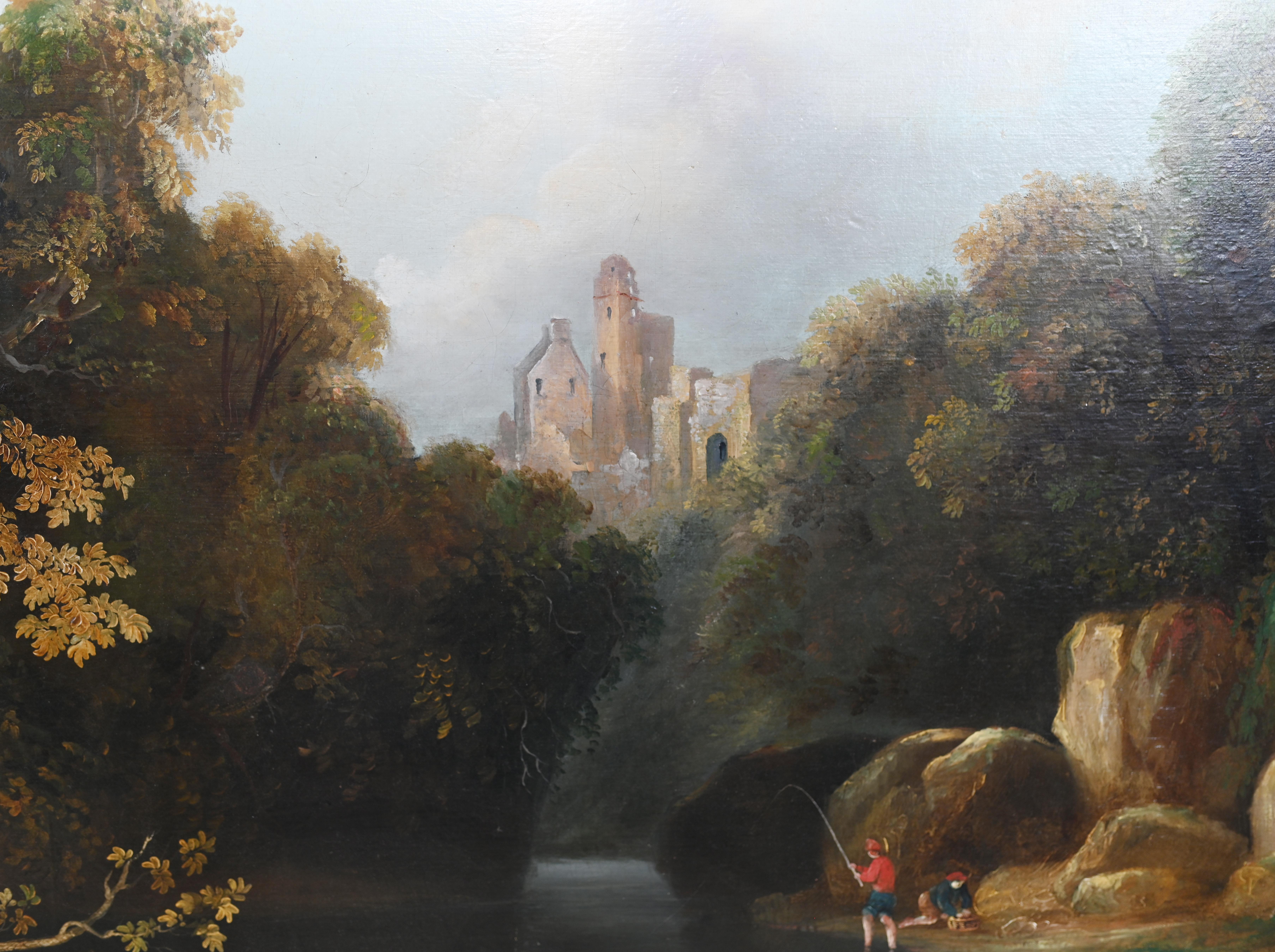 Antique French Ölgemälde River Scape Art Chateau 1860 im Zustand „Gut“ im Angebot in Potters Bar, GB