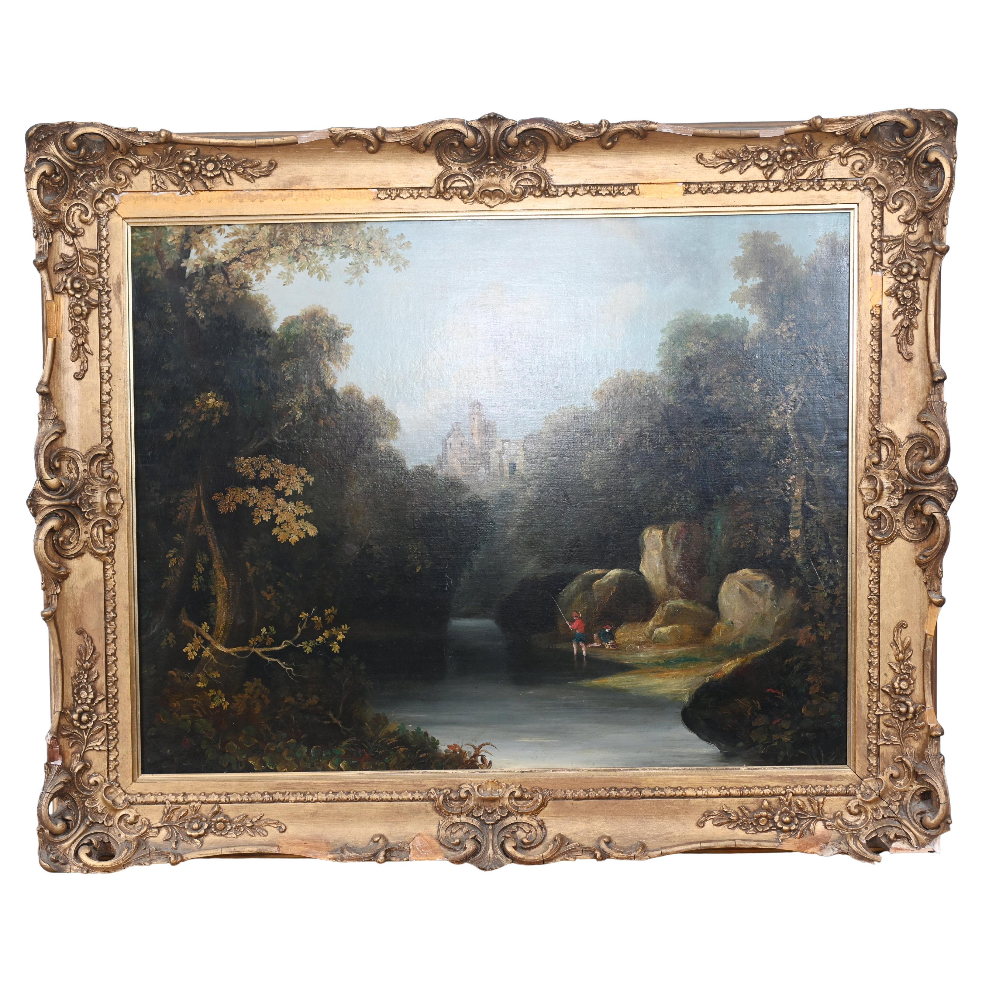 Antique French Ölgemälde River Scape Art Chateau 1860 im Angebot