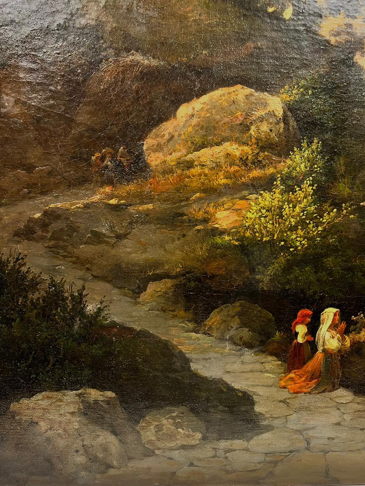 19thC. French Oil Ladies Praying to Madonna Statue South of France Landscape - Victorian Painting by Antique French Oil