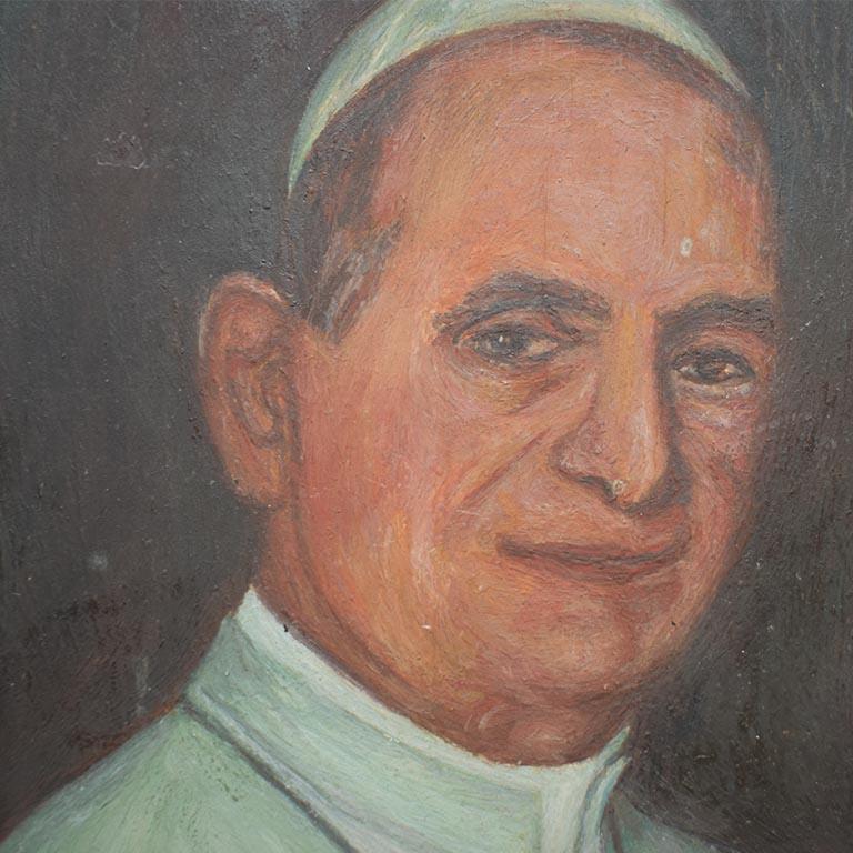 Antique portrait painting of Pope Paul VI on wood. This beautiful piece depicts a small portrait of Pope Paul VI. This painting is one wood and unframed. Pope Paul VI wears a white robe and white hat and buttons down the front of his robe, and chain