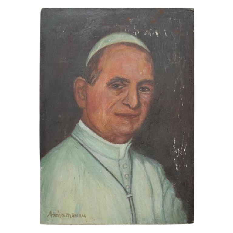 Antique French Oil Portrait Painting on Wood of Catholic Pope Paul VI France