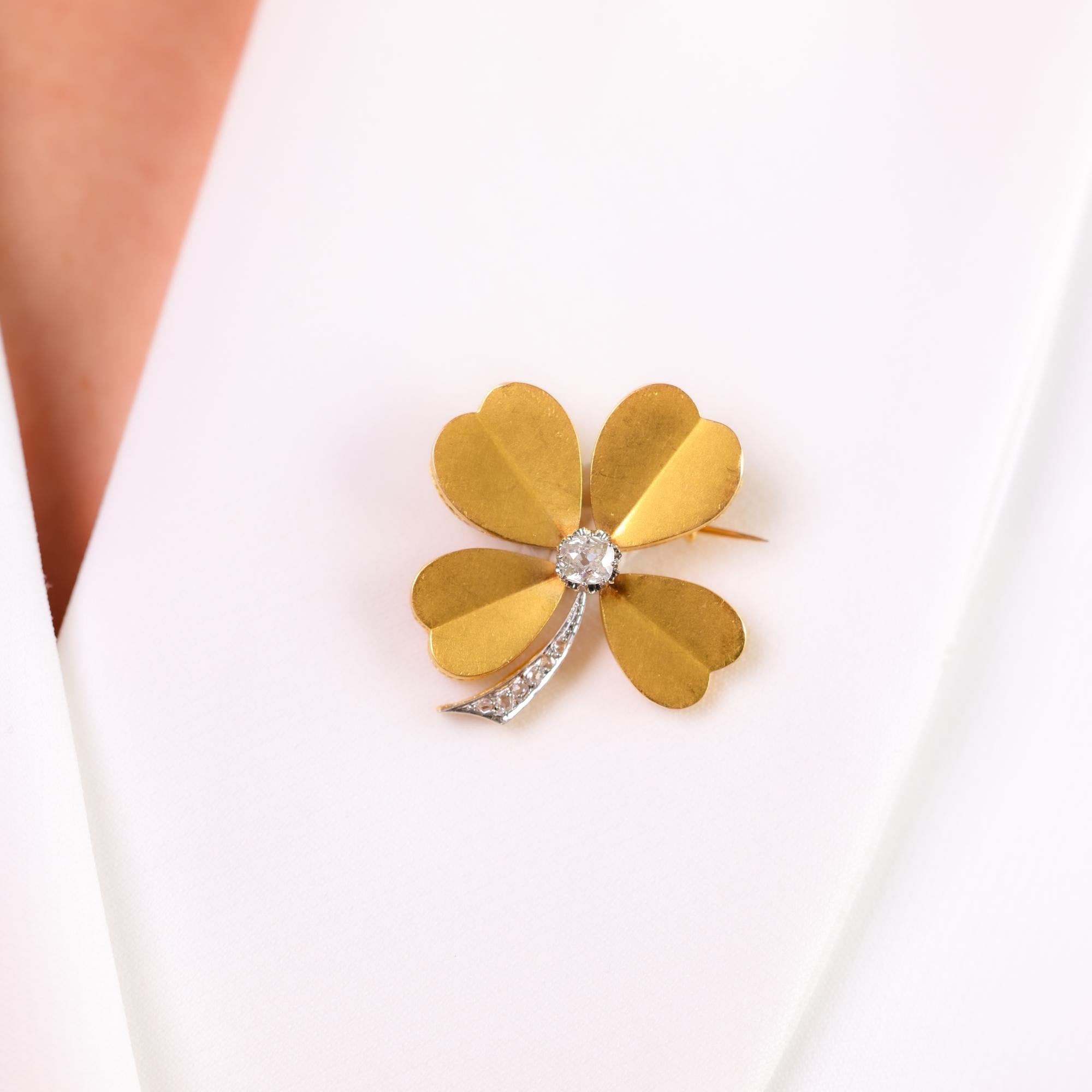 Victorian Antique French old cut diamond 18k yellow and platinum clover brooch
