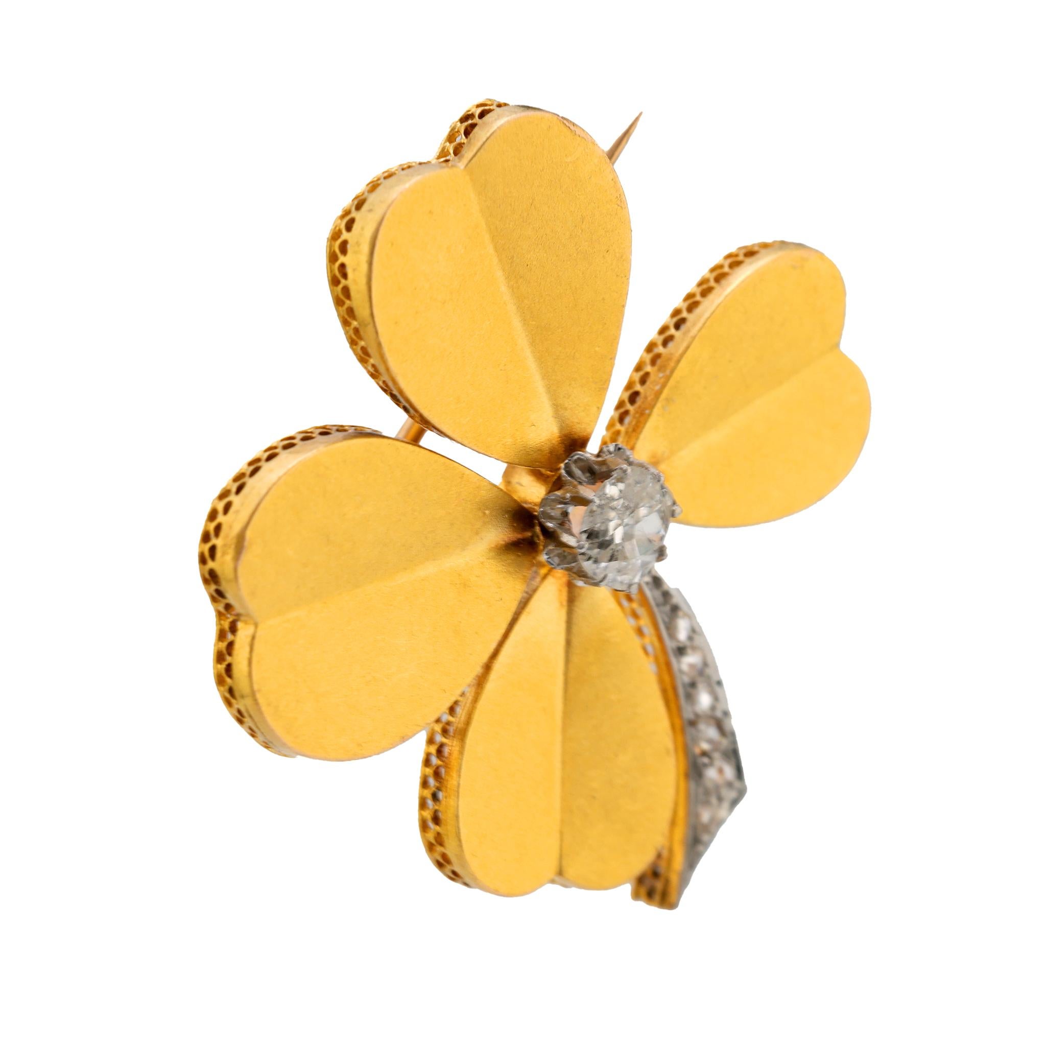 Old Mine Cut Antique French old cut diamond 18k yellow and platinum clover brooch