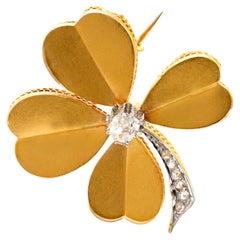 Antique French old cut diamond 18k yellow and platinum clover brooch