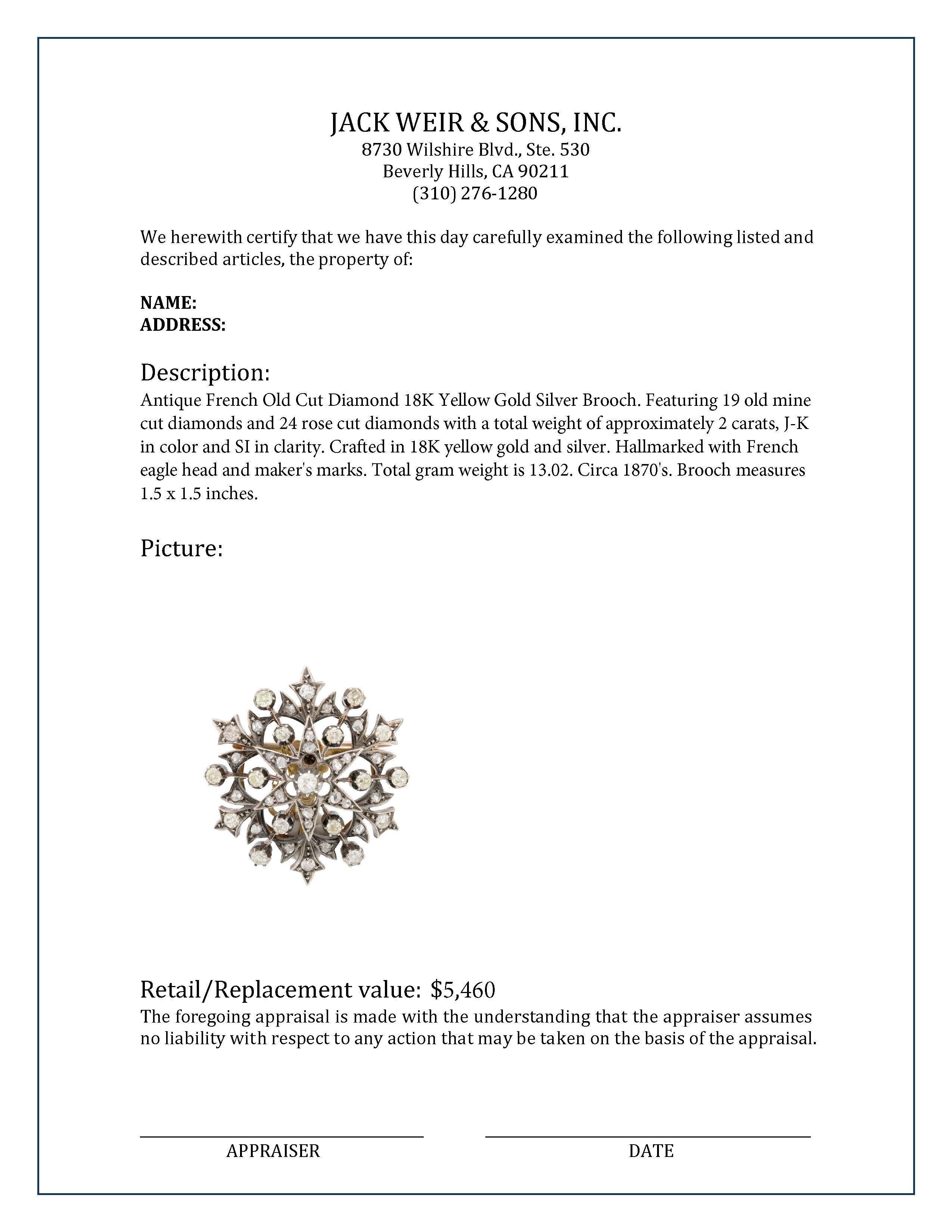 Antique French Old Cut Diamond 18K Yellow Gold Silver Brooch In Excellent Condition For Sale In Beverly Hills, CA
