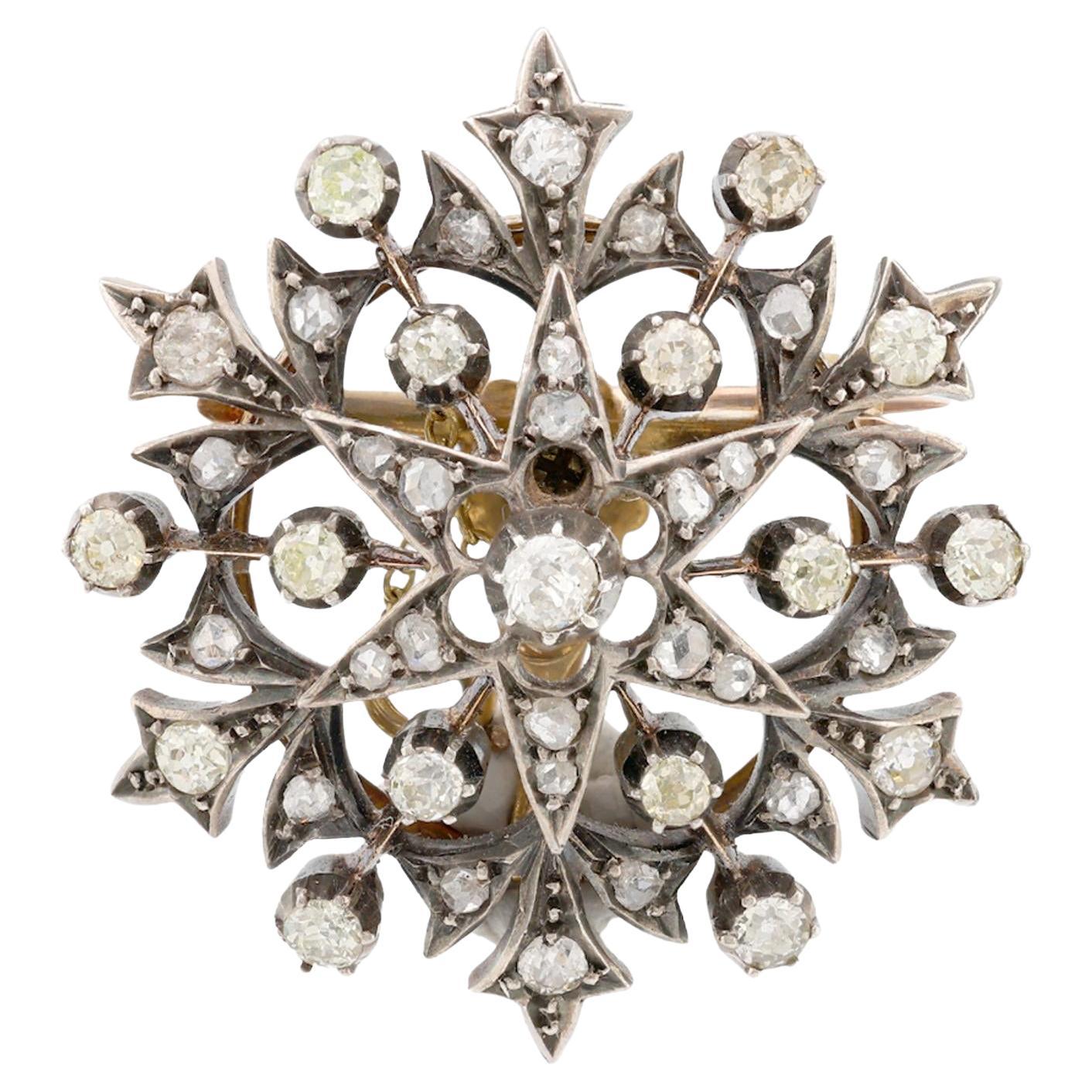 Antique French Diamante talla antigua Broche de plata de oro amarillo de 18 quilates