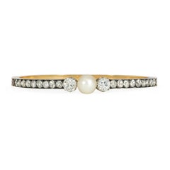Antique French Old Cut Diamond and Pearl Bangle Bracelet in Silver-Topped Gold