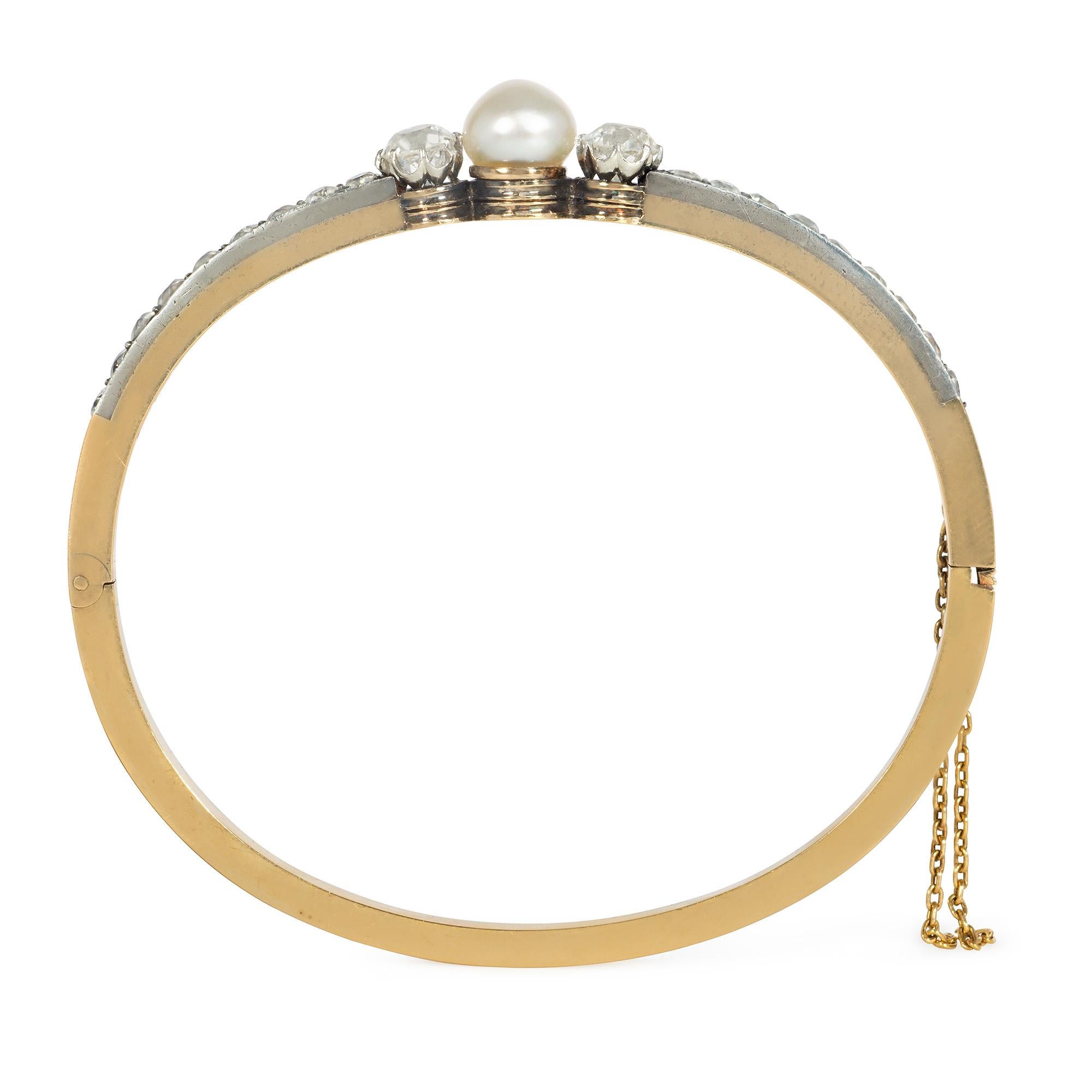 Victorian Antique French Old Cut Diamond and Pearl Bangle Bracelet in Silver-Topped Gold For Sale