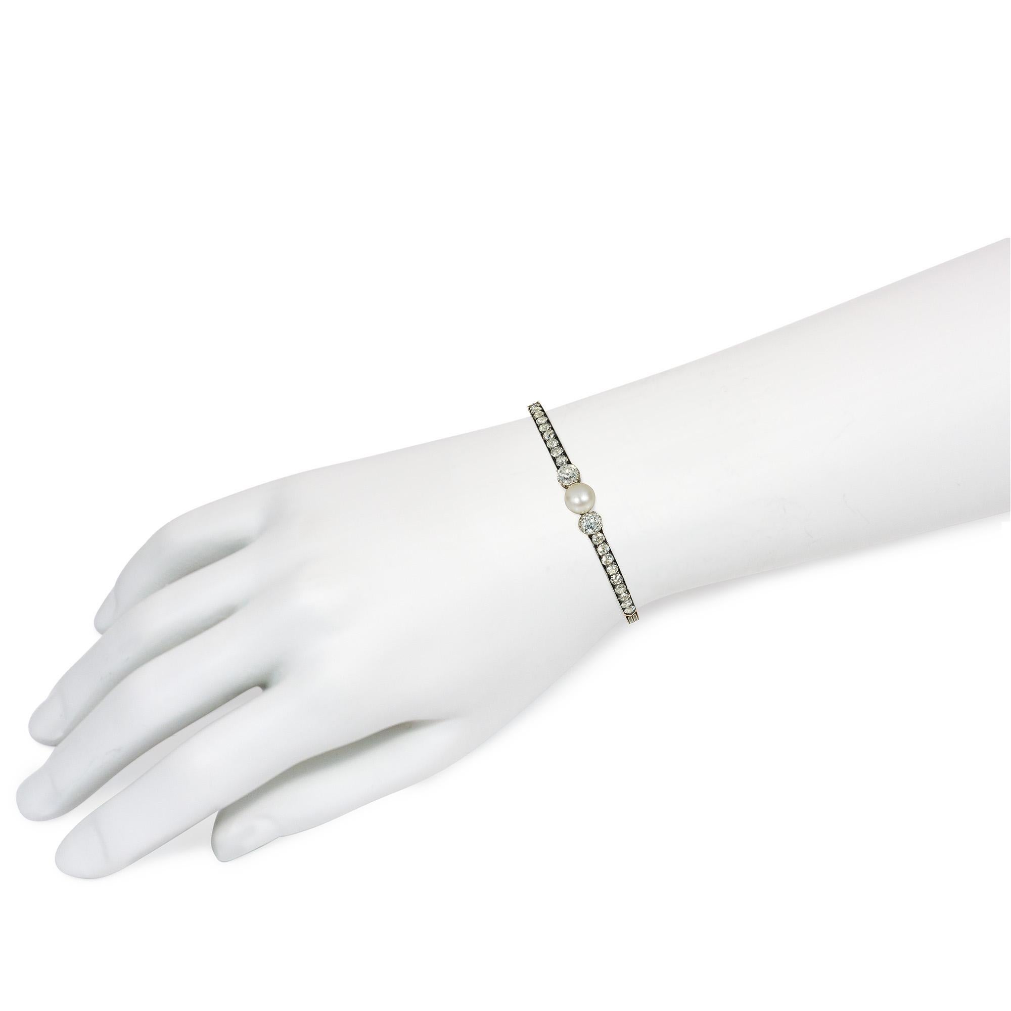 Old Mine Cut Antique French Old Cut Diamond and Pearl Bangle Bracelet in Silver-Topped Gold For Sale
