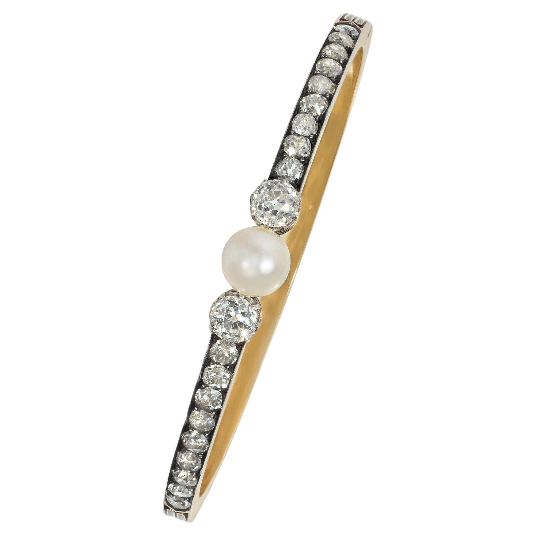 Antique French Old Cut Diamond and Pearl Bangle Bracelet in Silver-Topped Gold For Sale