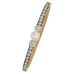 Bracelet jonc français ancien en or recouvert d'argent avec diamants et perles taille ancienne
