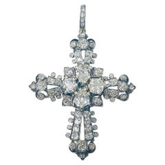 Antique French Old Cut Diamond Cross Pendant In 18 Karat Gold and Sliver.
