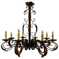 Antique French Old Iron Tavern Chandelier with 8 Lights, Circa 1890-1910