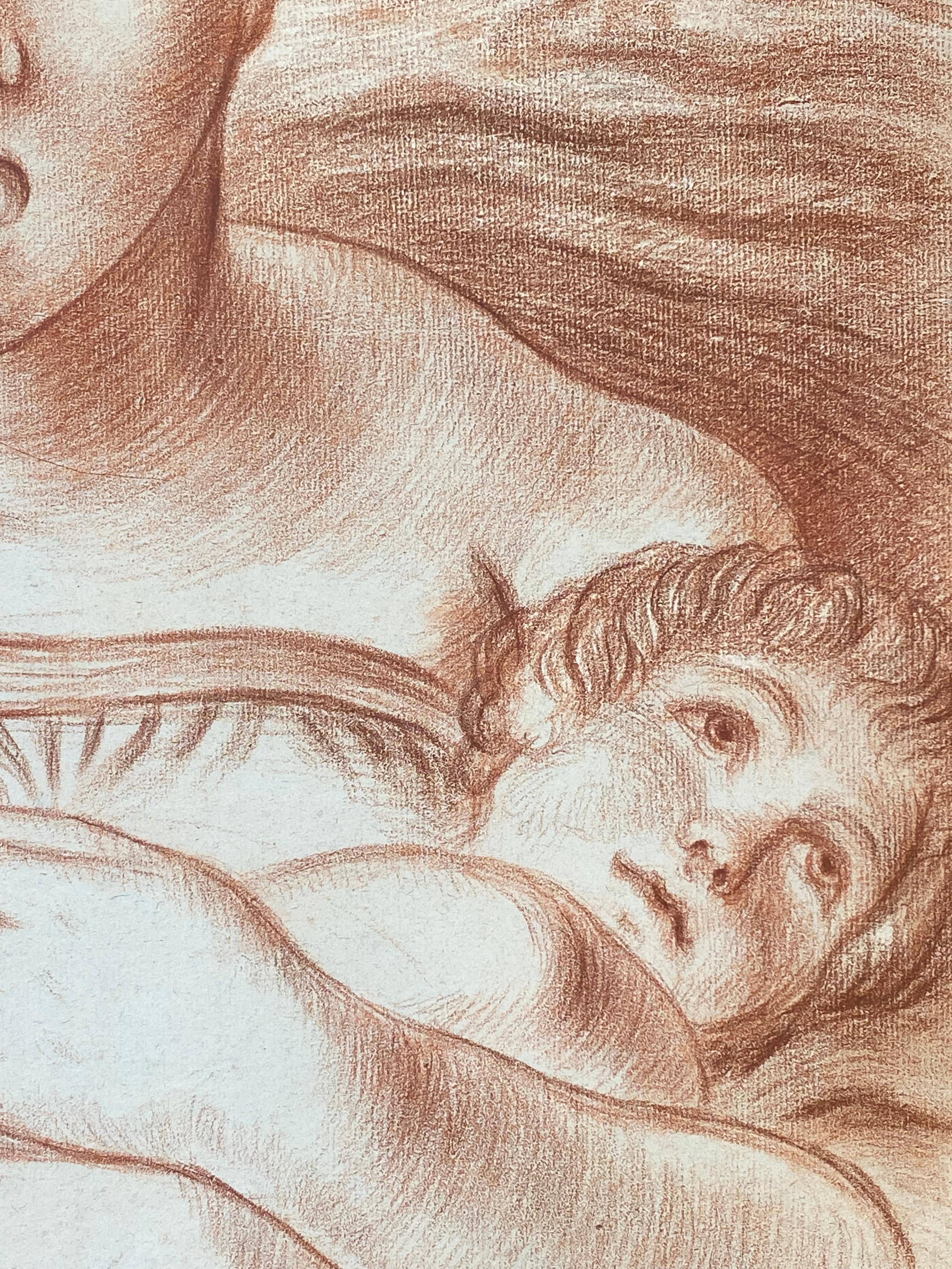 Antique French Old Master Sanguine Chalk Drawing Mother & Child Portrait In Good Condition For Sale In Cirencester, GB