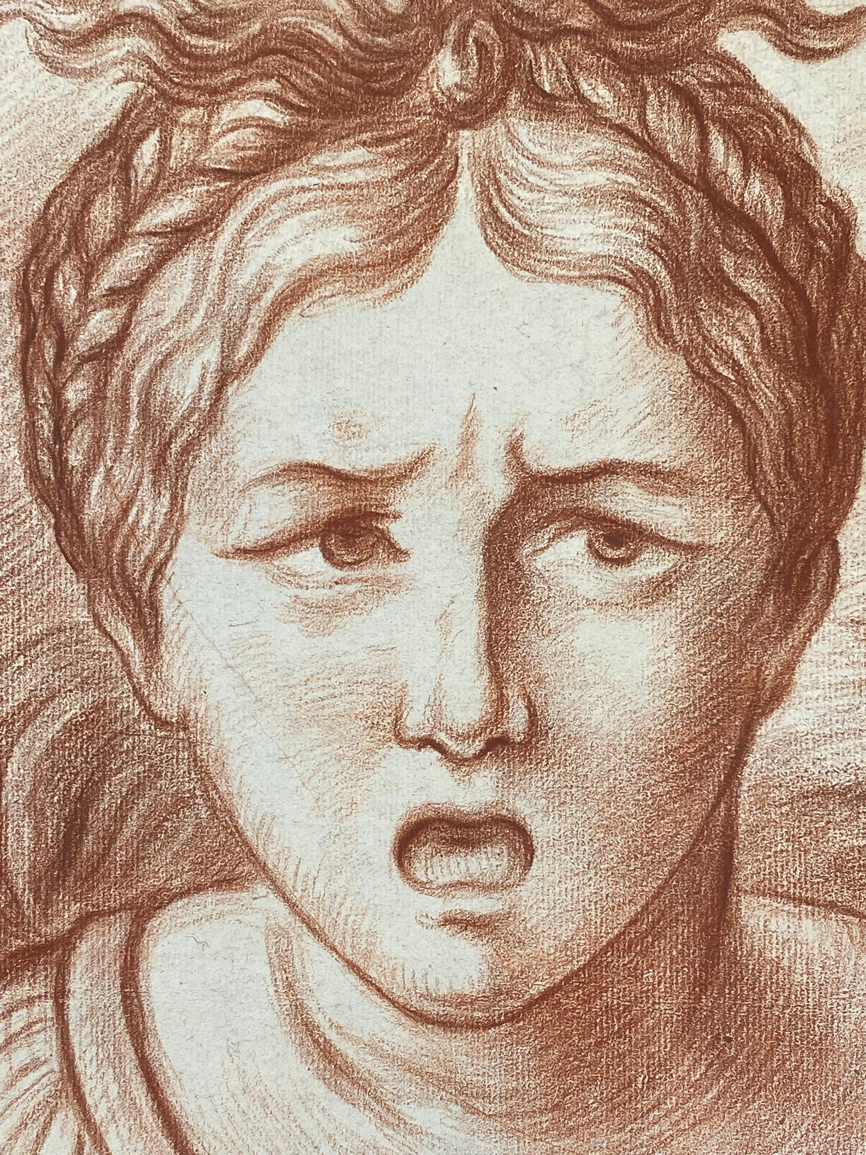 19th Century Antique French Old Master Sanguine Chalk Drawing Mother & Child Portrait For Sale